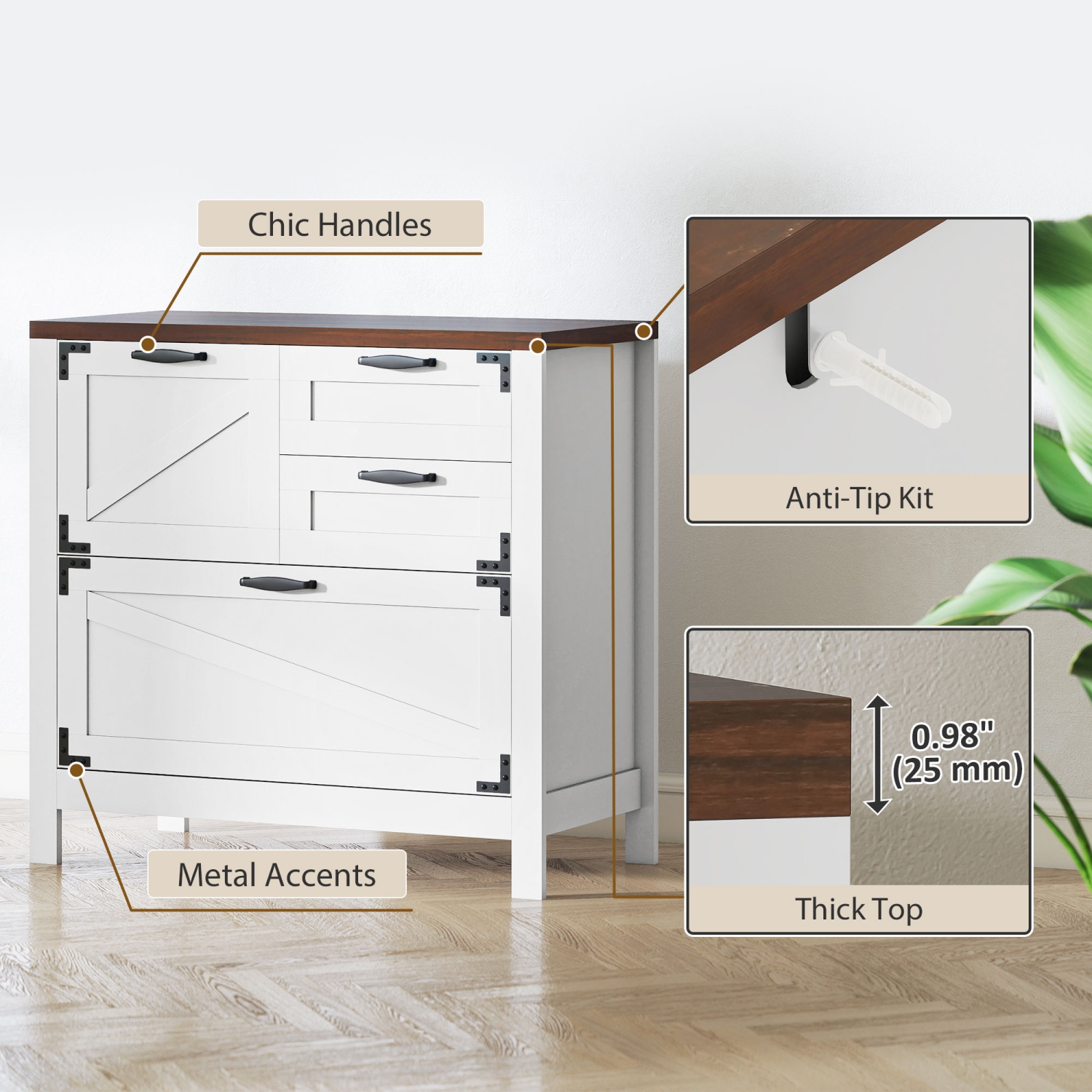 HOMCOM – Classeur à 4 tiroirs avec glissières silencieuses, classeur latéral Farmhouse pour dossiers de format lettre/A4/légal, support pour