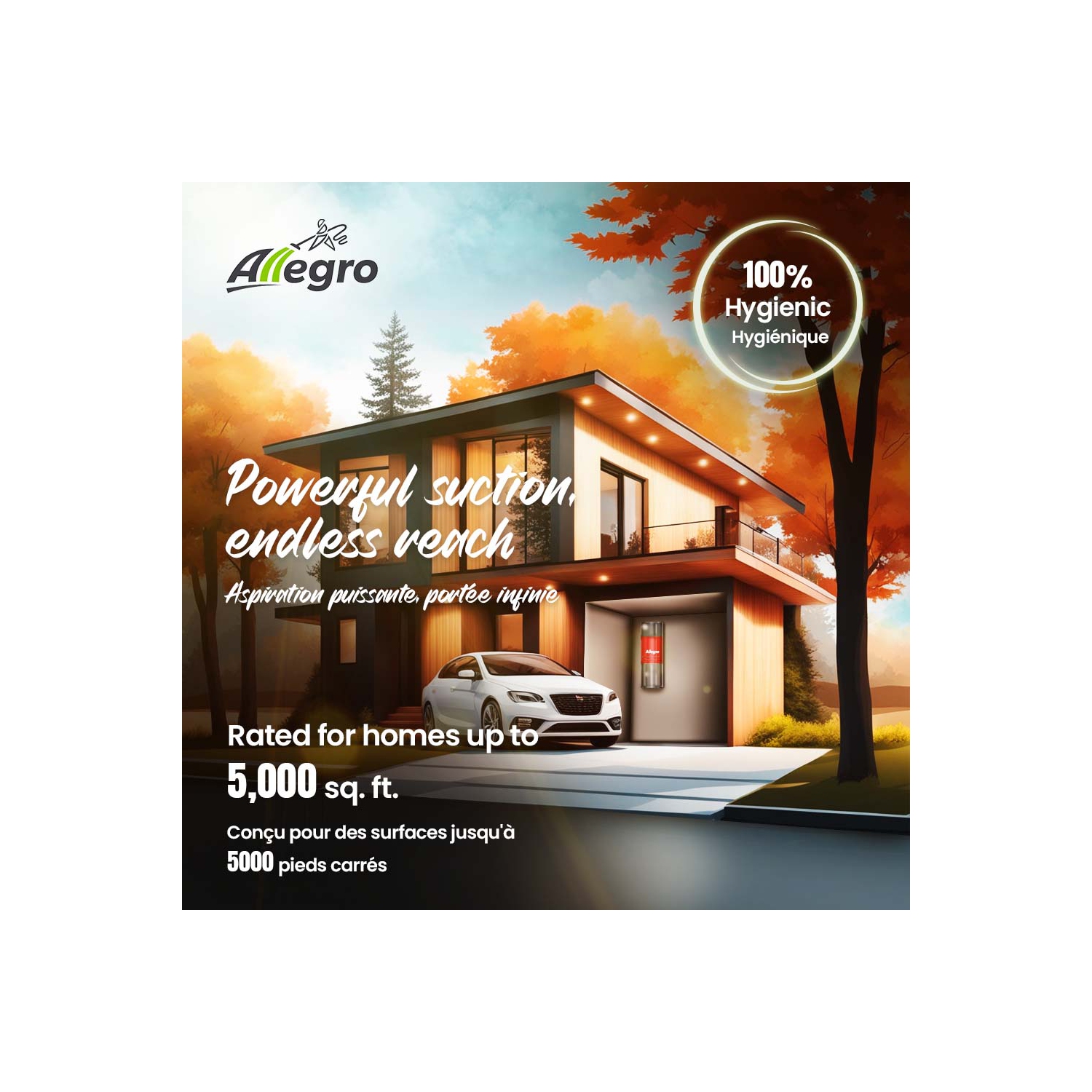 Le puissant système d'aspirateur central ALLEGRO 628 AW - Ensemble d'accessoires de plancher nus de luxe 40&nbsp;pi, fabriqué au Canada