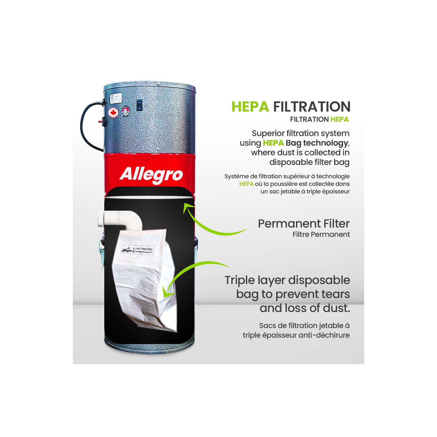 ALLEGRO 628 AW Powerful Central Vacuum System-30ft Deluxe Turbo Accessory Kit-Made in Canada