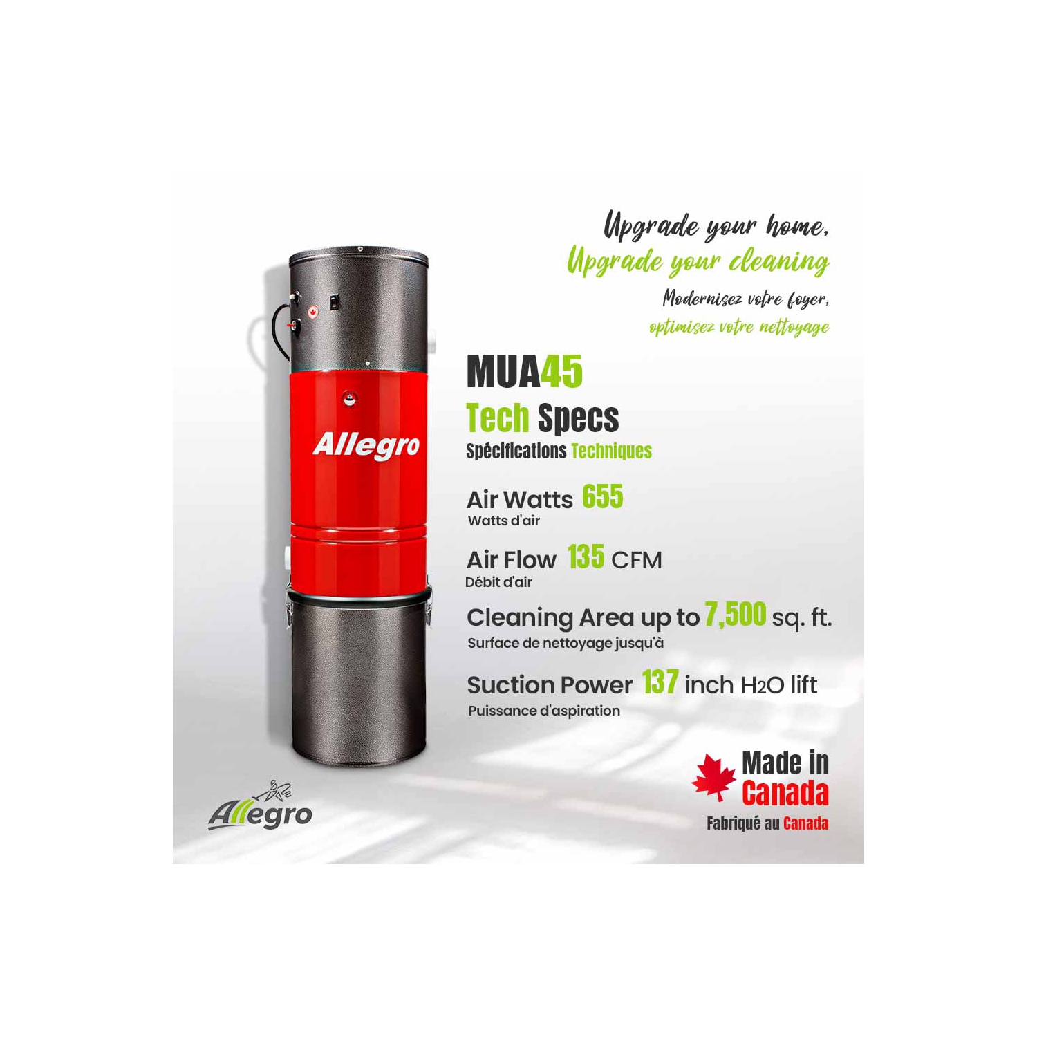 ALLEGRO 655 AW Powerful Central Vacuum System-35ft Deluxe Bare Floor Accessory Kit-Made in Canada