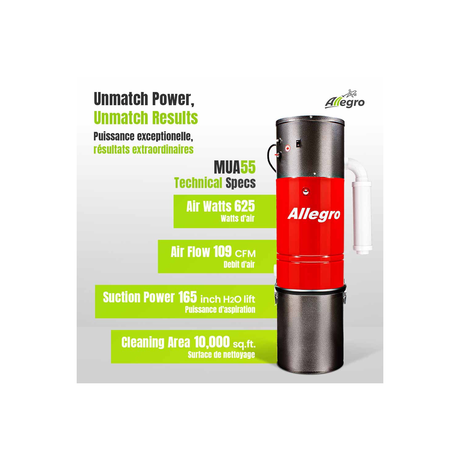 ALLEGRO POWERHOUSE PRO Central Vacuum-625AW-165" Waterlift-30ft Deluxe Hardwood Accessory Kit-Made in Canada