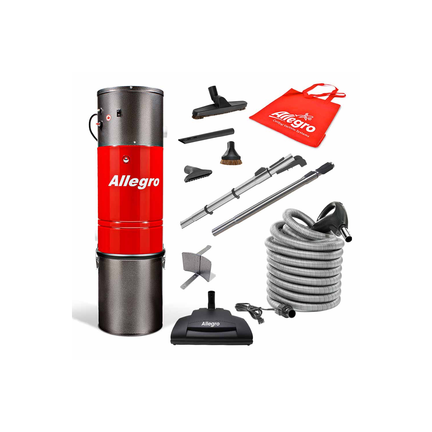 Le puissant système d'aspirateur central ALLEGRO 655 AW-30&nbsp;pi de luxe avec tête motorisée allemande et accessoires électriques fabriqués au