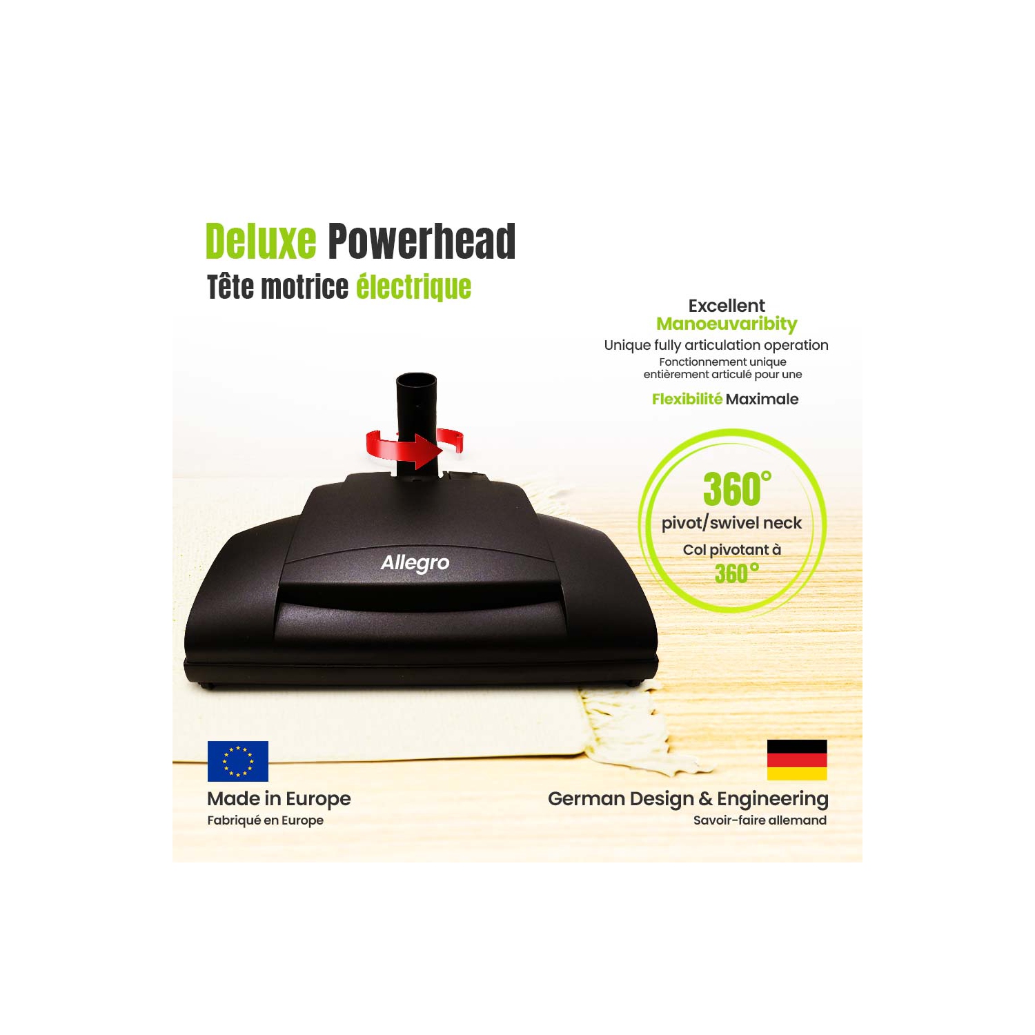 Le puissant système d'aspirateur central ALLEGRO 655 AW-30&nbsp;pi de luxe avec tête motorisée allemande et accessoires électriques fabriqués au