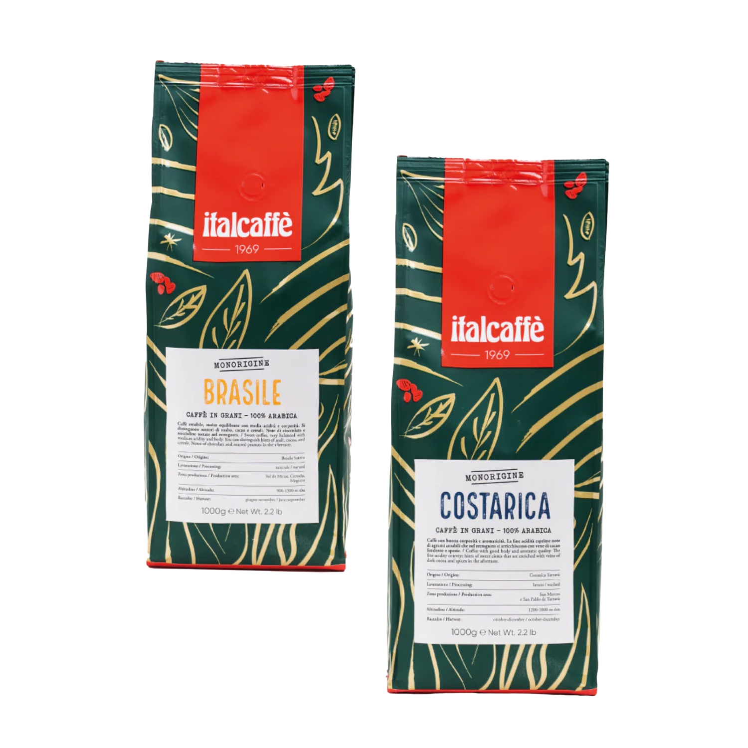 Italcaffe Monorigine Brasile & Costarica – 2 x 1000&nbsp;g – Haricots à café 100 % arabica – Café à torréfaction moyenne à l'origine unique –