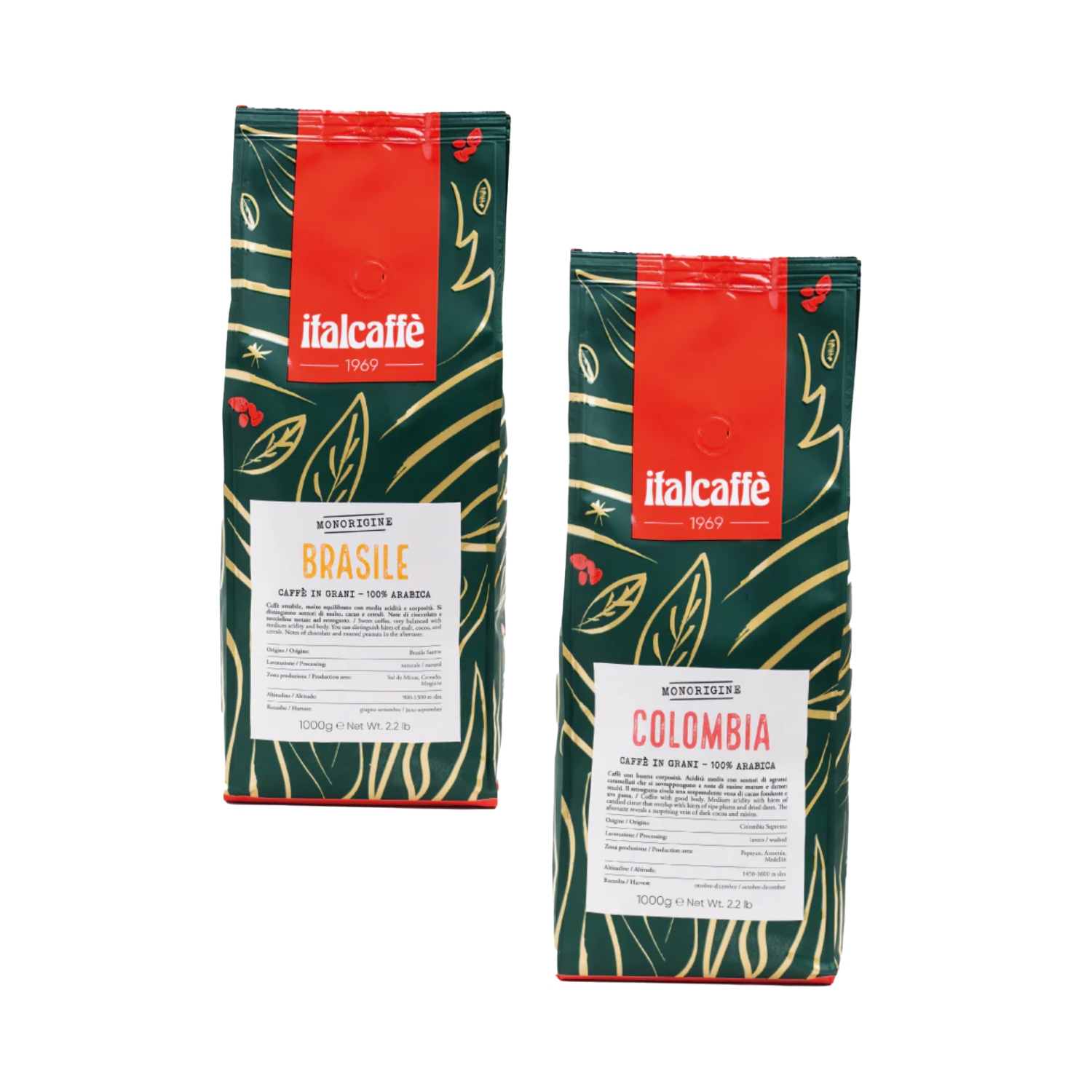 Italcaffe Monorigine Brasile & Colombie – 2 x 1000&nbsp;g – Graines de café 100 % Arabica – Café à torréfaction moyenne à l'origine unique –