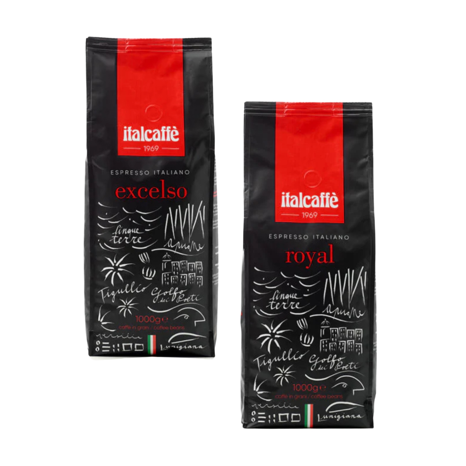 Ensemble de grains de café espresso Italcaffe – Excelso + Royal – 2 x 1000&nbsp;g – Torréfaction italienne haut de gamme – Corps intense et crème