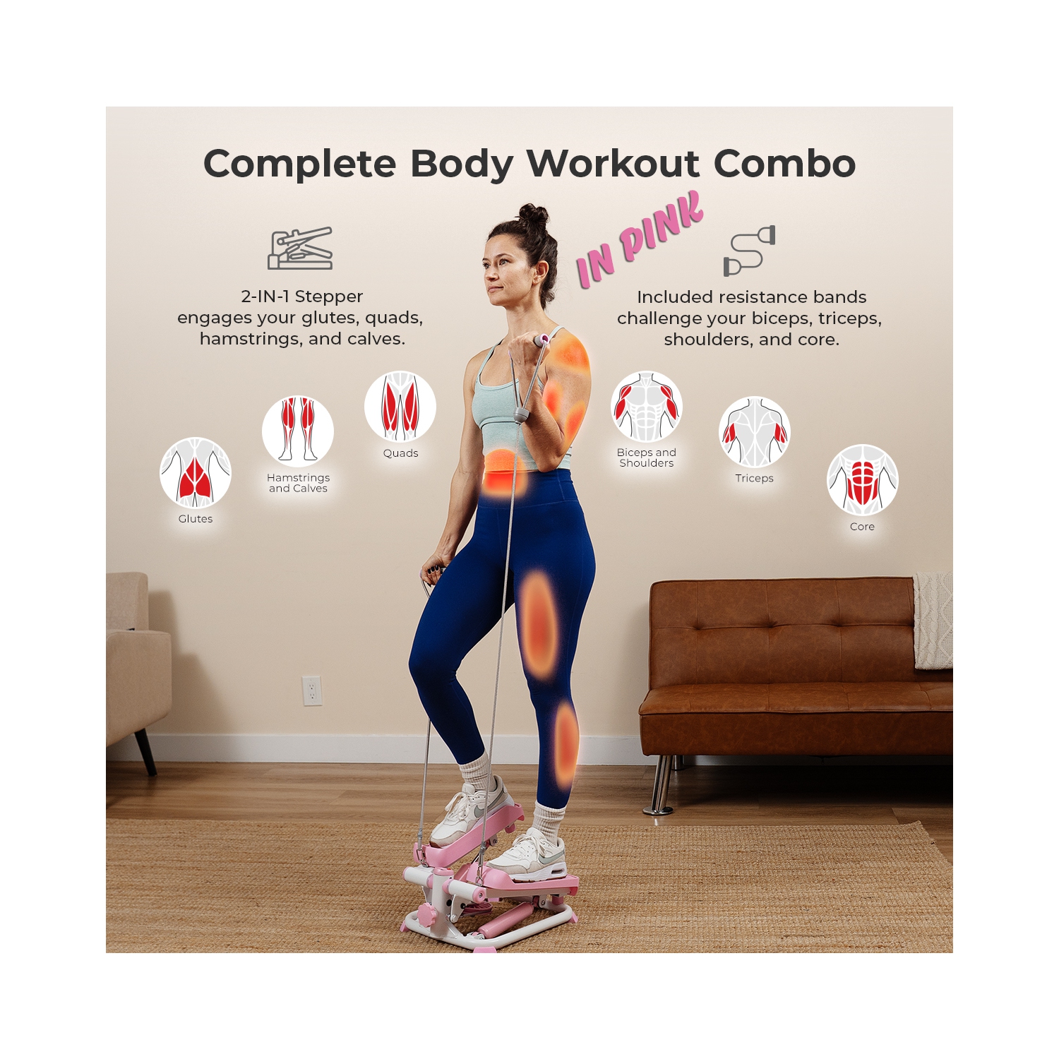 Simulateur d'escalier intelligent rose Total Body de Sunny Health & Fitness - P2000 SMART