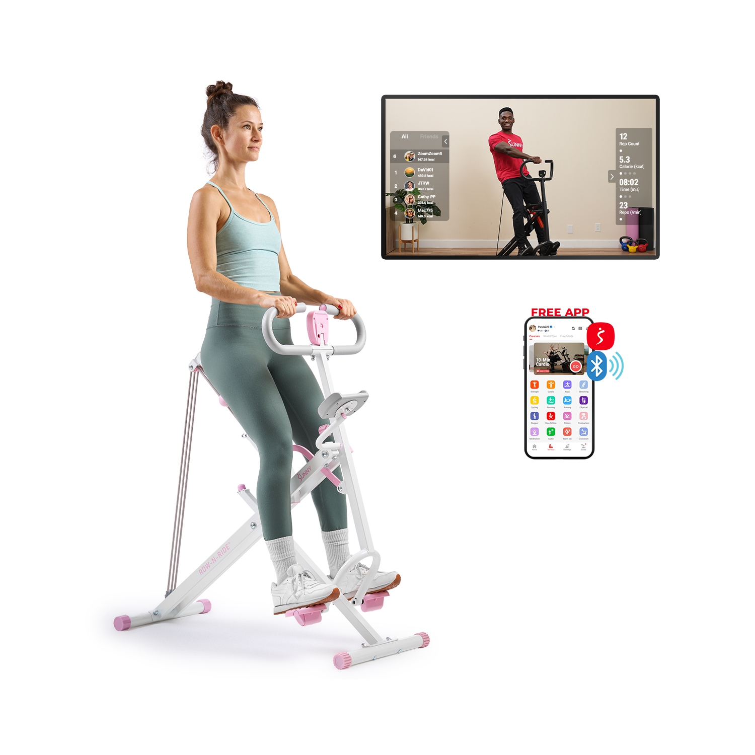 Exerciseur vertical intelligent Row-N-Ride de Sunny Health & Fitness en rose