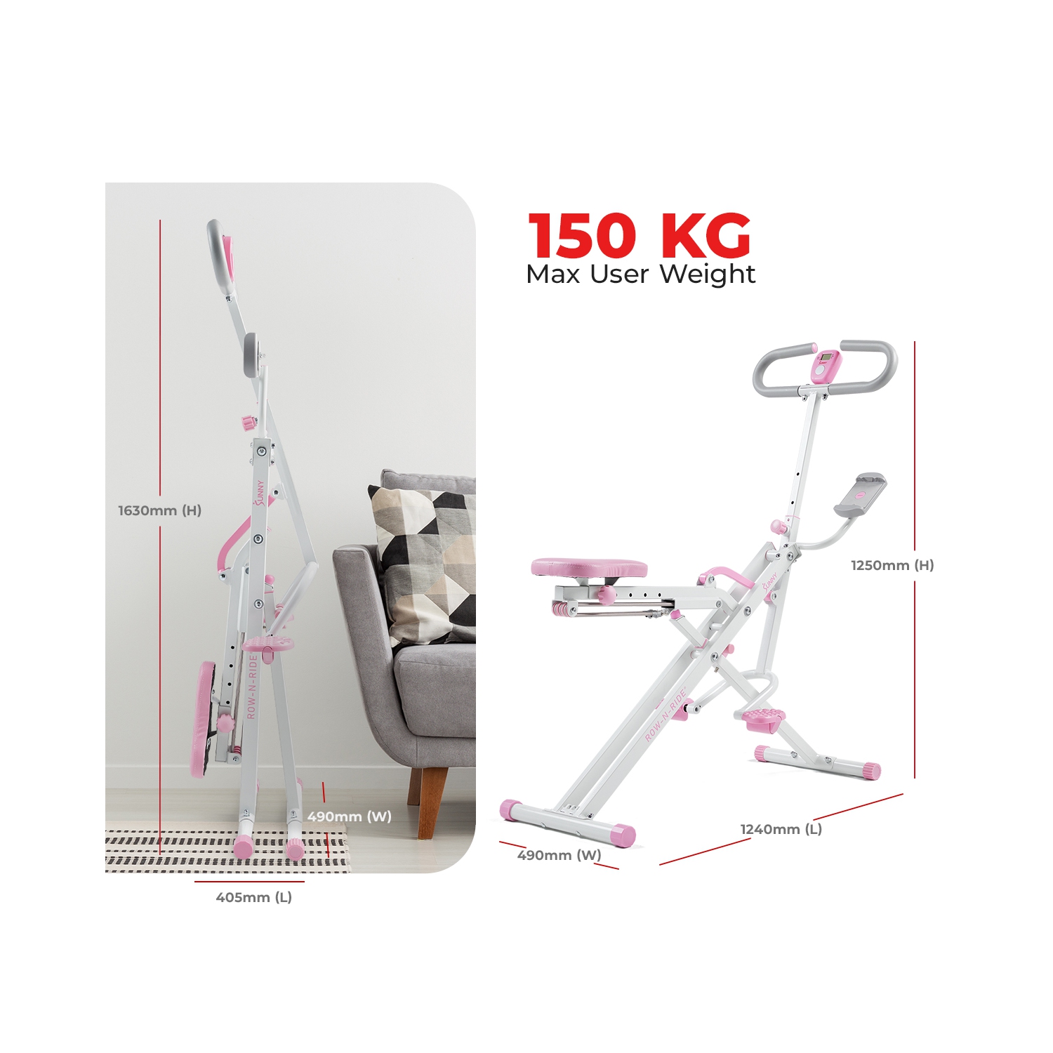Exerciseur vertical intelligent Row-N-Ride de Sunny Health & Fitness en rose