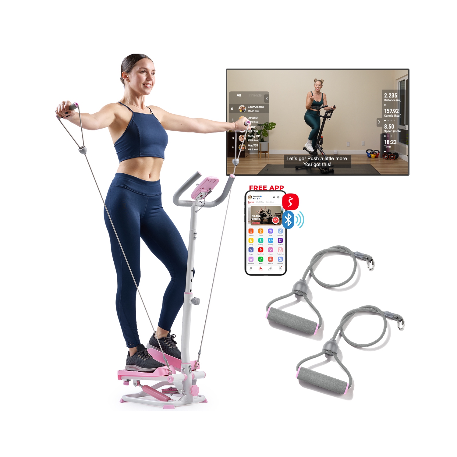 Simulateur d'escalier intelligent rose de Sunny Health & Fitness avec poignées et bandes de résistance - P2410