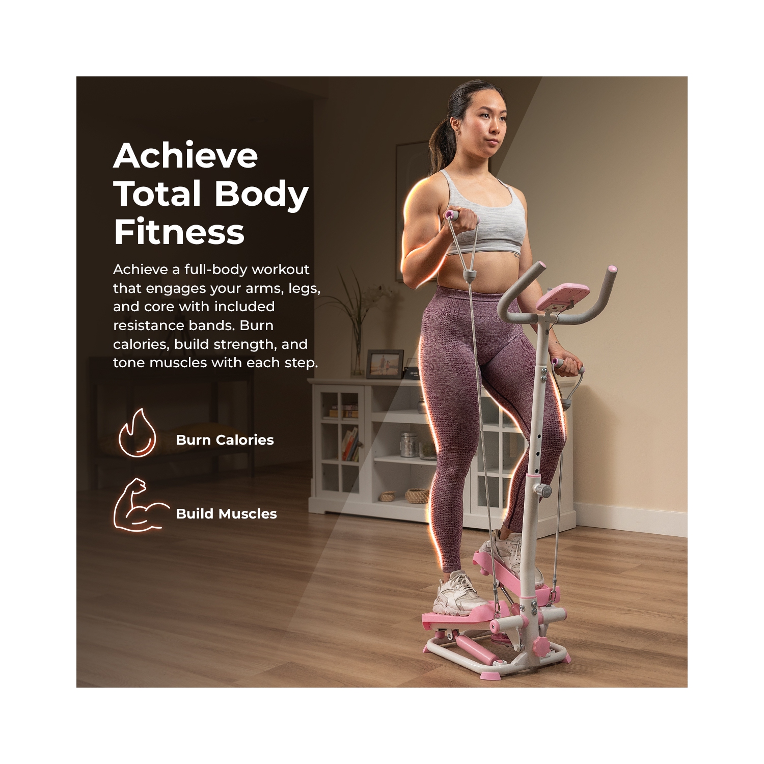 Simulateur d'escalier intelligent rose de Sunny Health & Fitness avec poignées et bandes de résistance - P2410