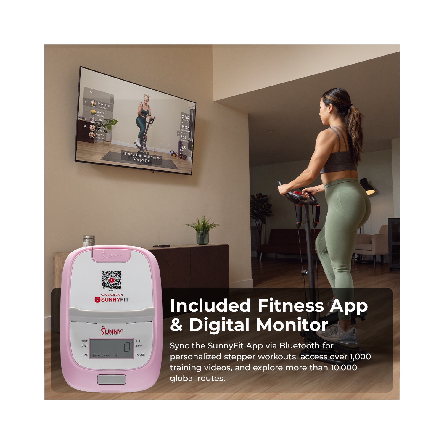 Simulateur d'escalier intelligent rose de Sunny Health & Fitness avec poignées et bandes de résistance - P2410