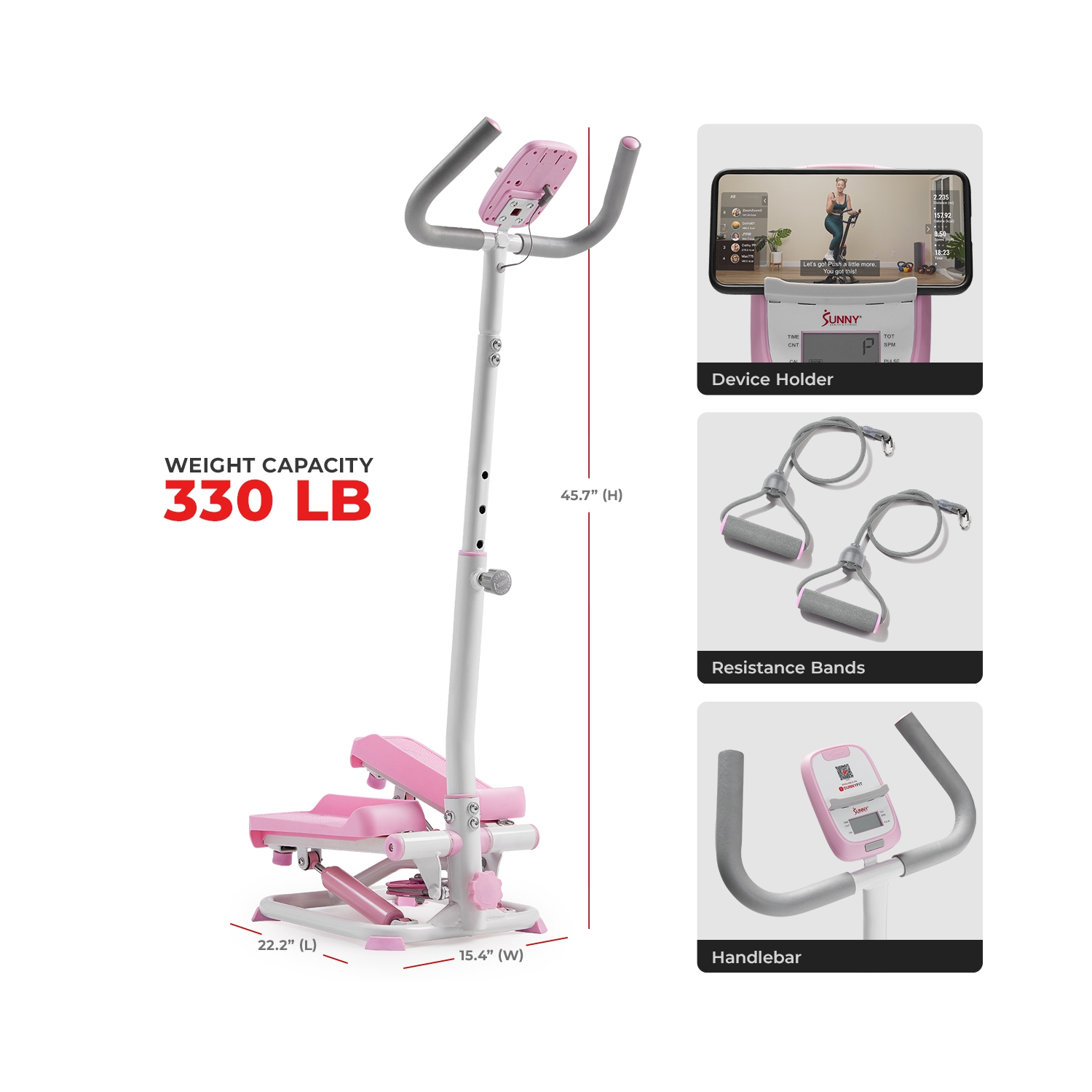 Simulateur d'escalier intelligent rose de Sunny Health & Fitness avec poignées et bandes de résistance - P2410
