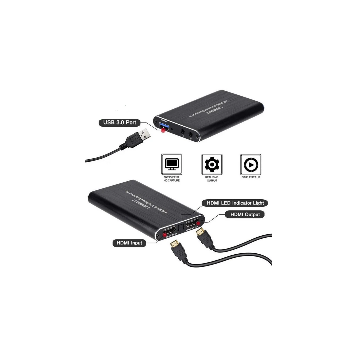 Carte de saisie vidéo HDMI, 1080p 60 ips, carte de saisie HDMI à USB 3,0 pour diffusion en continu avec appareil photo/Xbox/PS4/PS5/PC/OBS