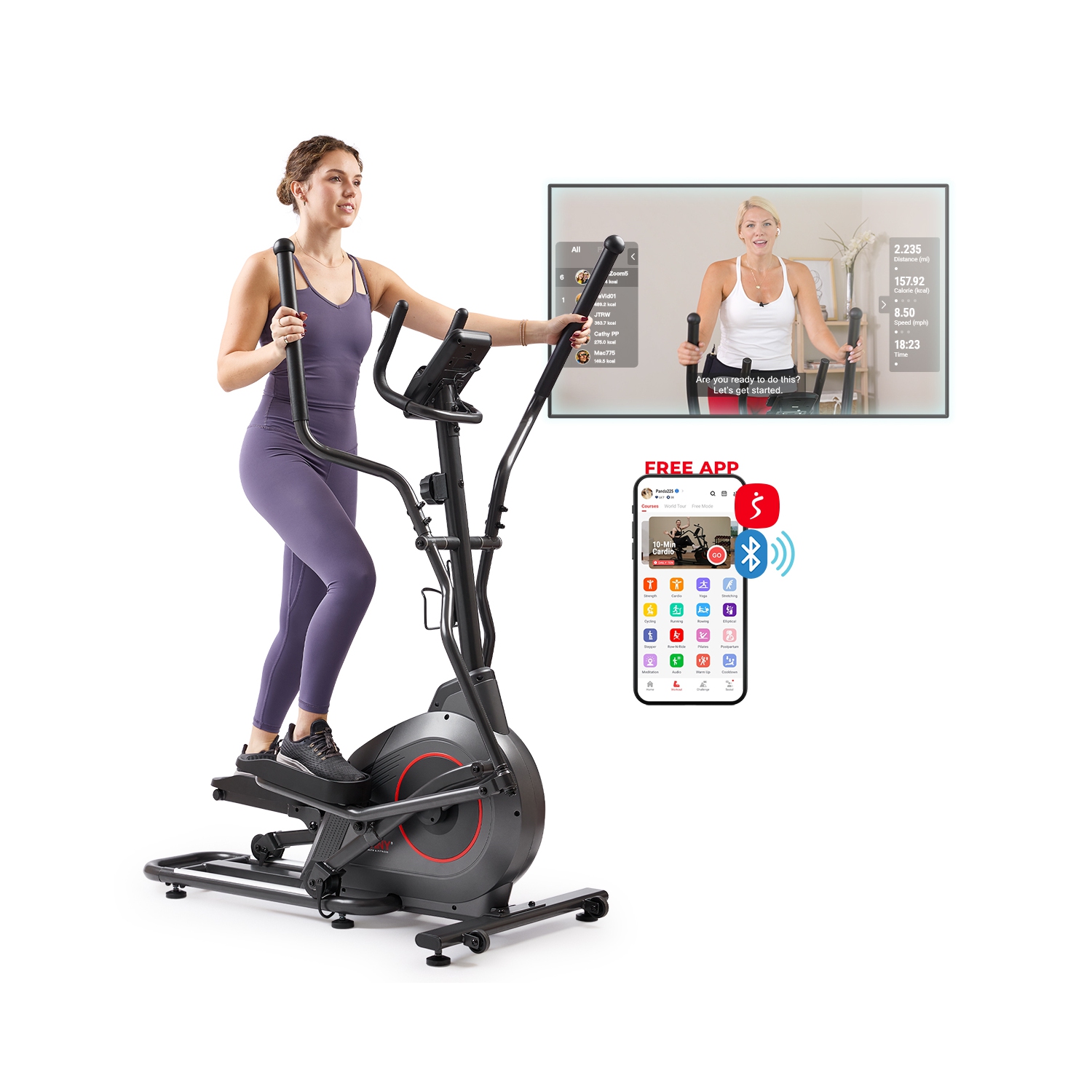 Exerciseur elliptique magnétique intelligent Pro de Sunny Health & Fitness avec bande de 16&nbsp;po - SF-E323038