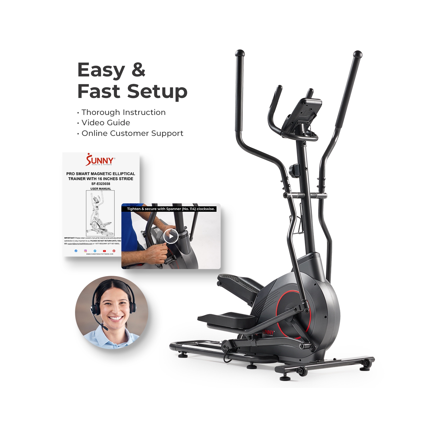 Exerciseur elliptique magnétique intelligent Pro de Sunny Health & Fitness avec bande de 16&nbsp;po - SF-E323038