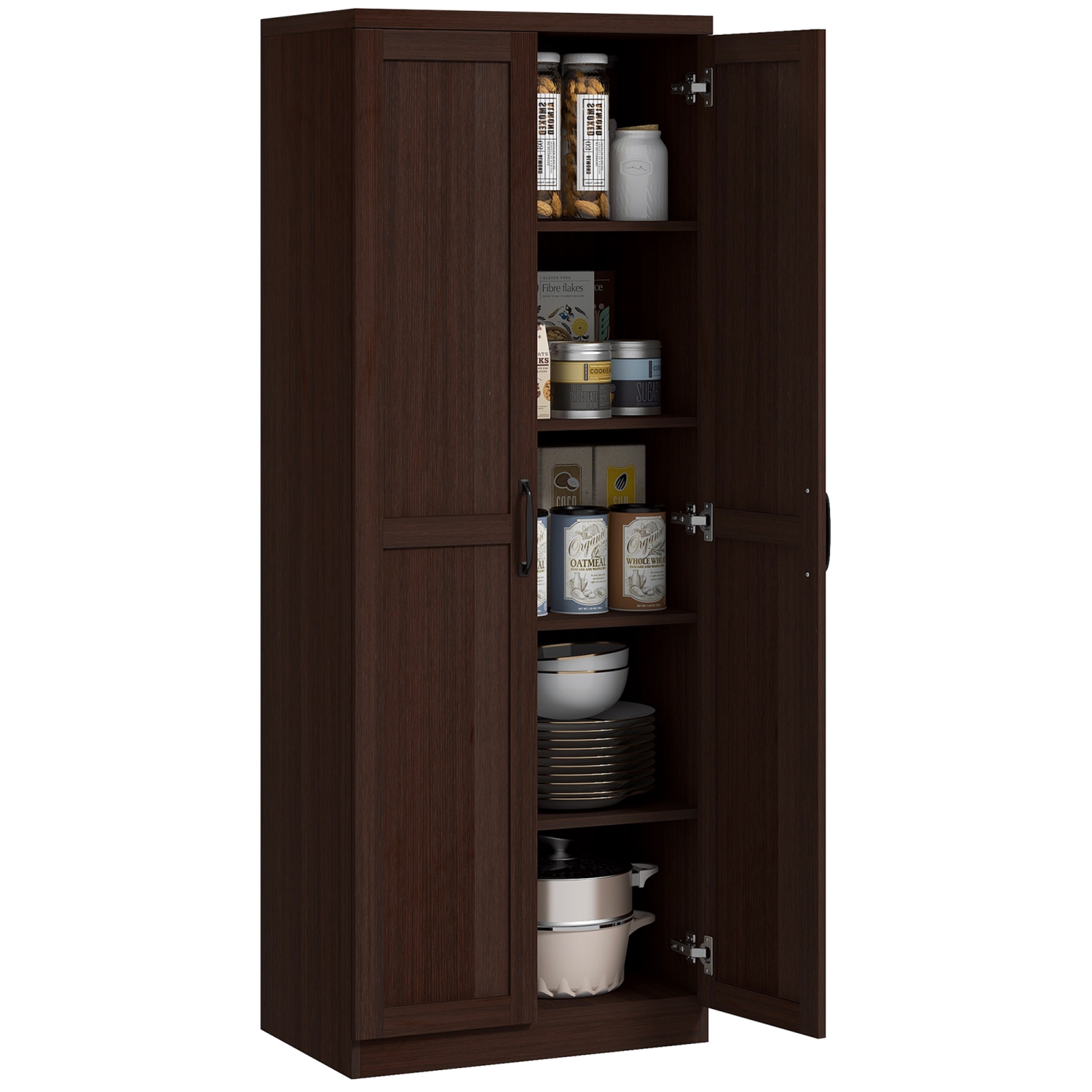 HOMCOM 63" Kitchen Pantry Cabinet with Shaker Doors, Modern Freestanding Tall Buffet Storage Cabinet with Adjustable Shelves, Distressed Dark Brown