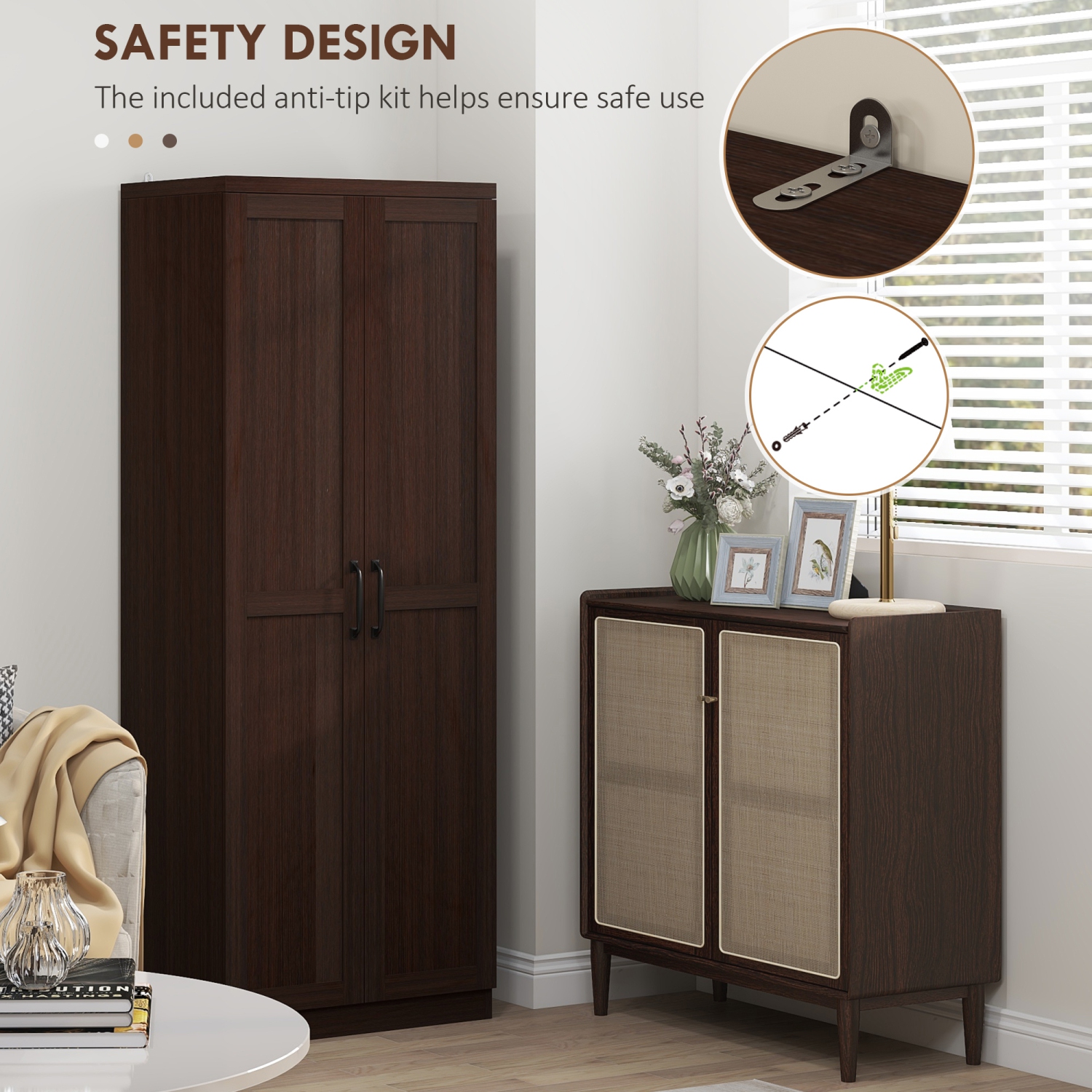 HOMCOM 63" Kitchen Pantry Cabinet with Shaker Doors, Modern Freestanding Tall Buffet Storage Cabinet with Adjustable Shelves, Distressed Dark Brown