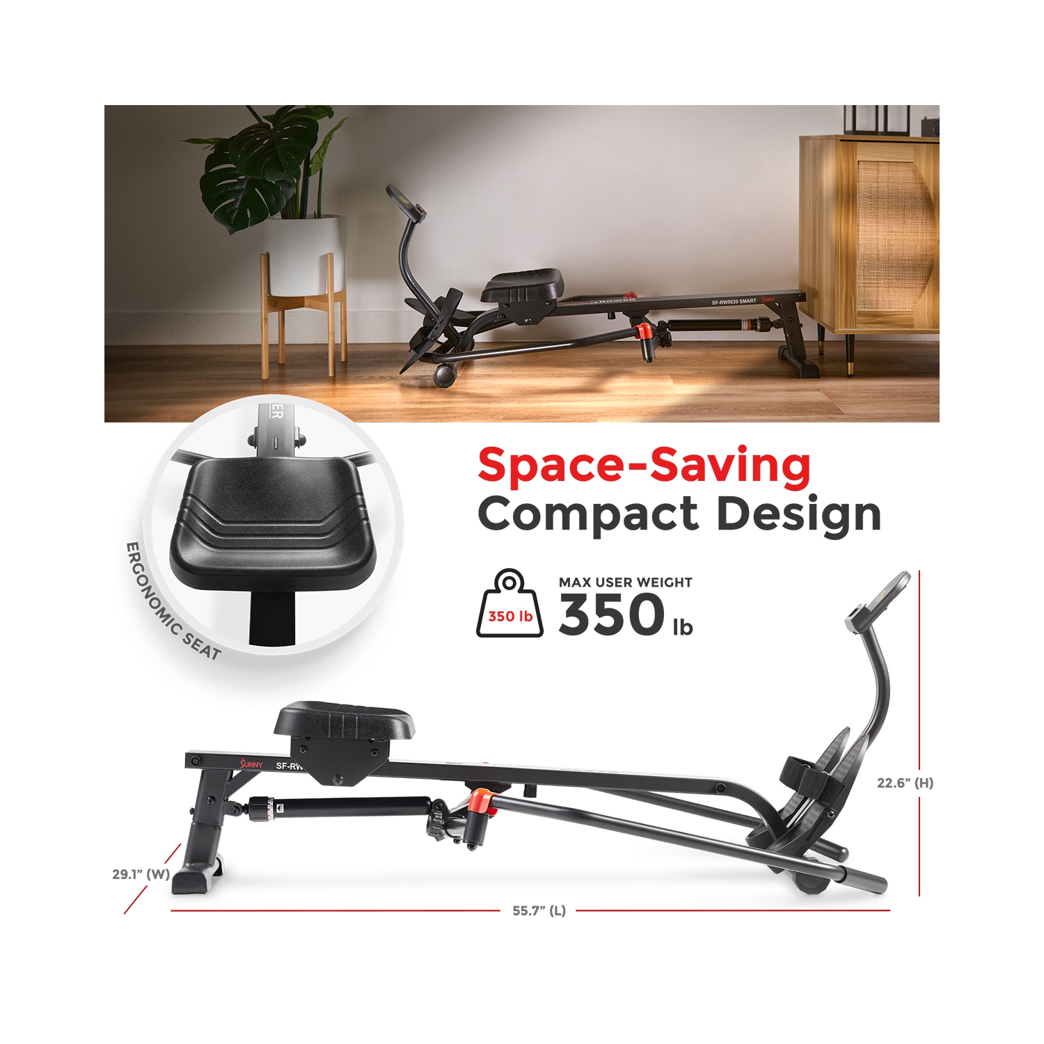 Rameur compact articulé SMART de Sunny Health & Fitness - SF-RW5639SMART