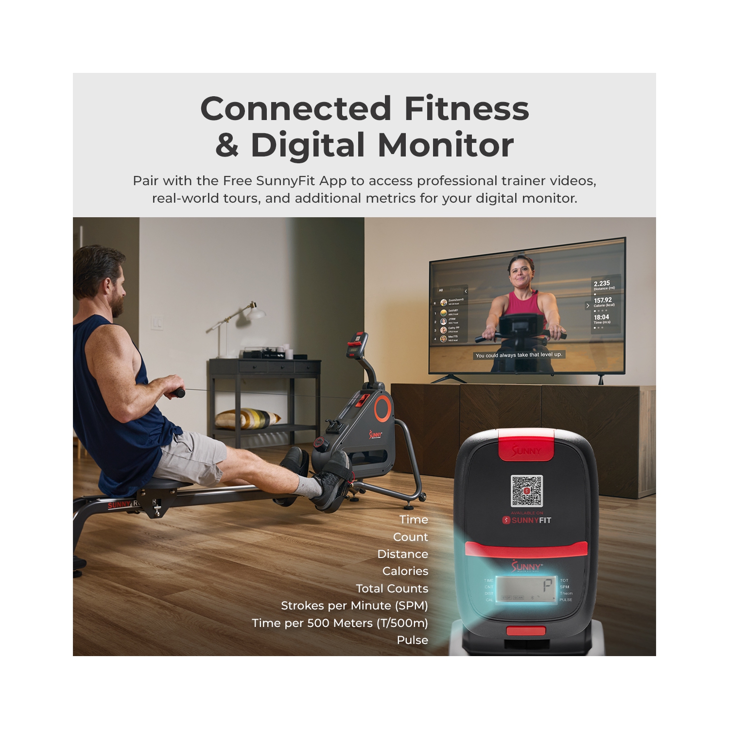 Rameur magnétique intelligent avec rail double coulissant de Sunny Health & Fitness - SF-RW523021