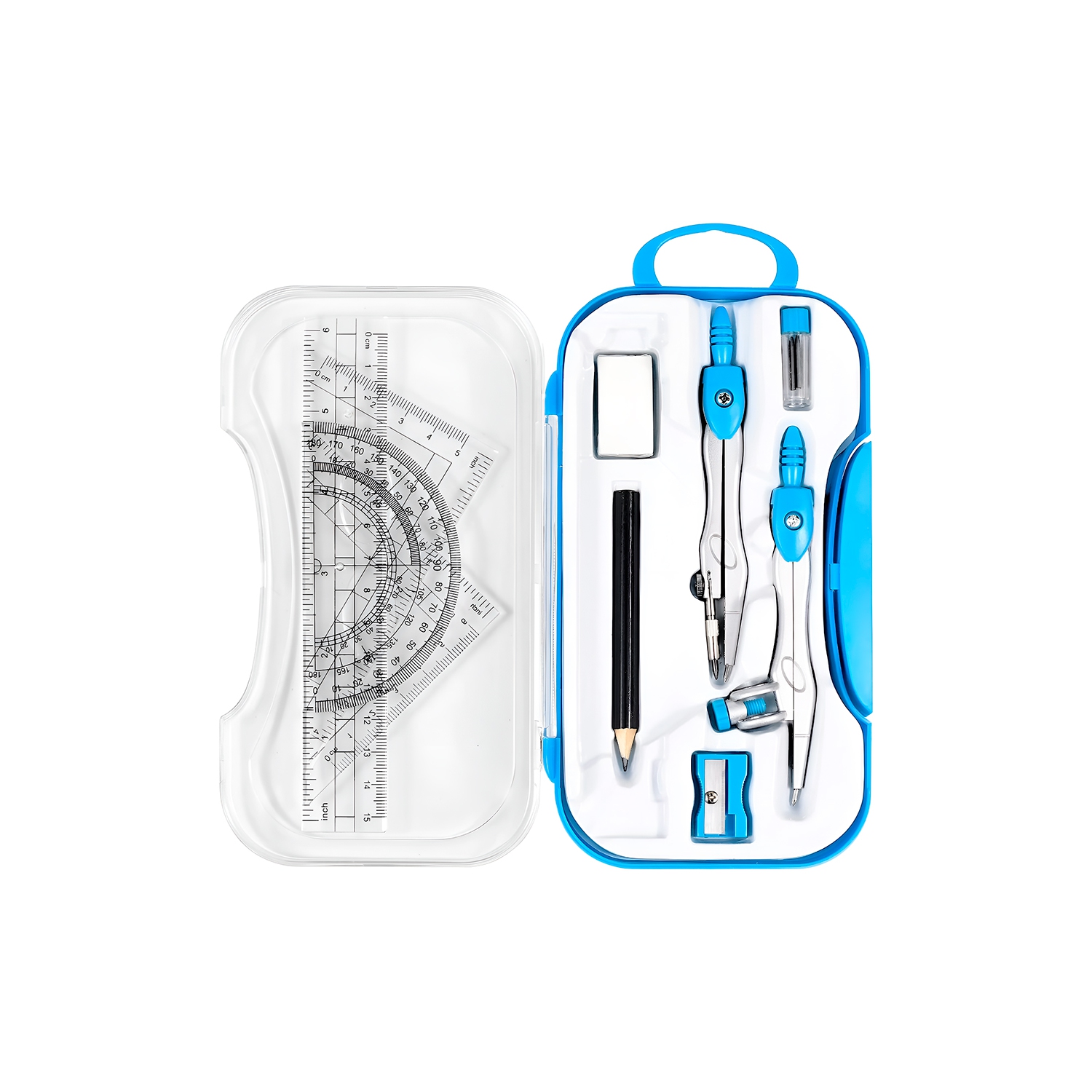 Geometry Set – 10-Piece Kit with Compass, Protractor, Rulers, Pencil, Eraser, Sharpener & More – Full Drawing Set for Students with Accurate Tools