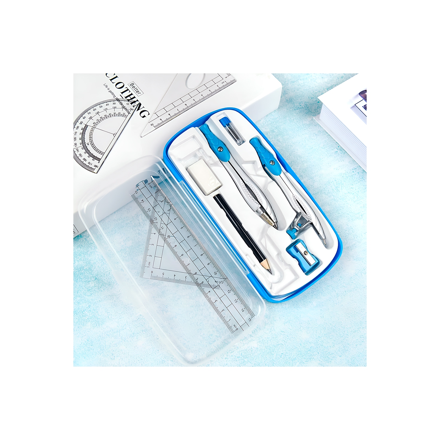 Geometry Set – 10-Piece Kit with Compass, Protractor, Rulers, Pencil, Eraser, Sharpener & More – Full Drawing Set for Students with Accurate Tools