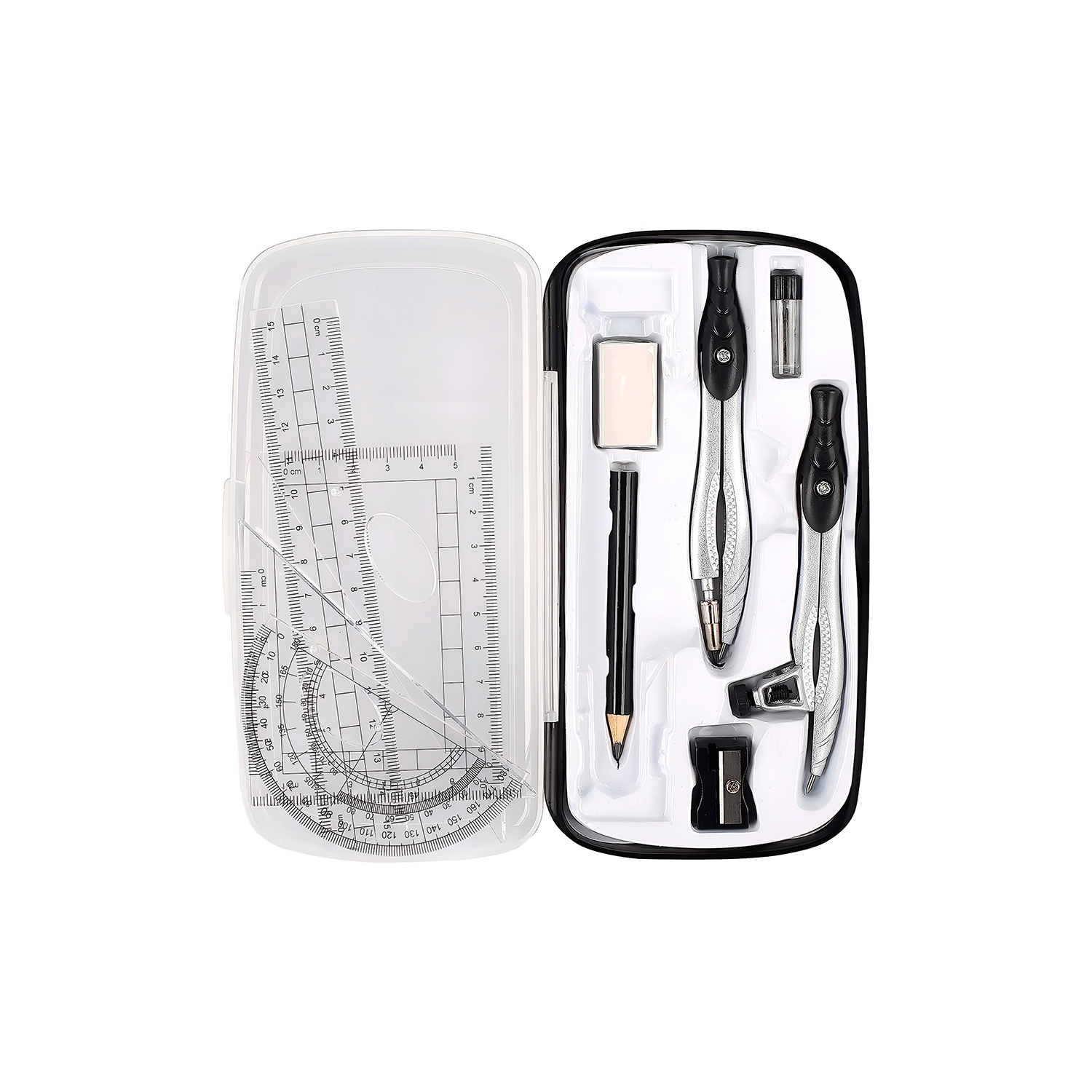 Geometry Set – 10-Piece Kit with Compass, Protractor, Rulers, Pencil, Eraser, Sharpener & More – Full Drawing Set for Students with Accurate Tools