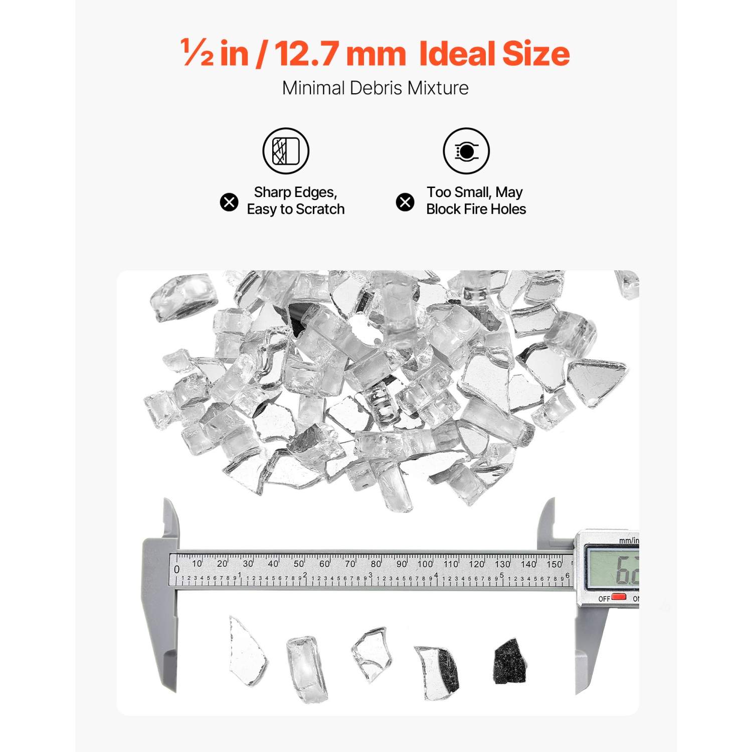 VEVOR 10 LBS / 4.5 KG Fire Glass,High-Temperature Resistant Fireplace Rocks, 1/2-Inch / 12.7 mm Reflective & Smokeless Firepit Glass Rock, High