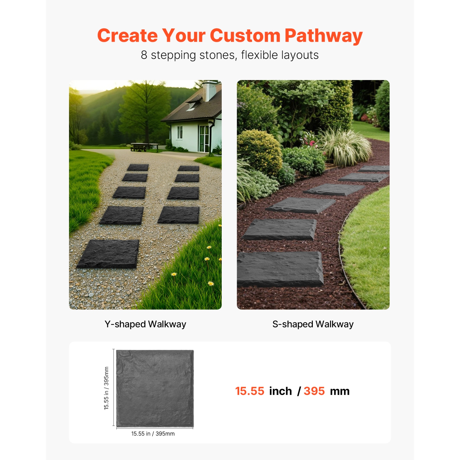 VEVOR 8Pcs 15.5 x 15.5 in Garden Stepping Stones, Decorative Stepping Stones with Stakes, Weather-Resistant Plastic Pathway Pavers, Smooth Surface,