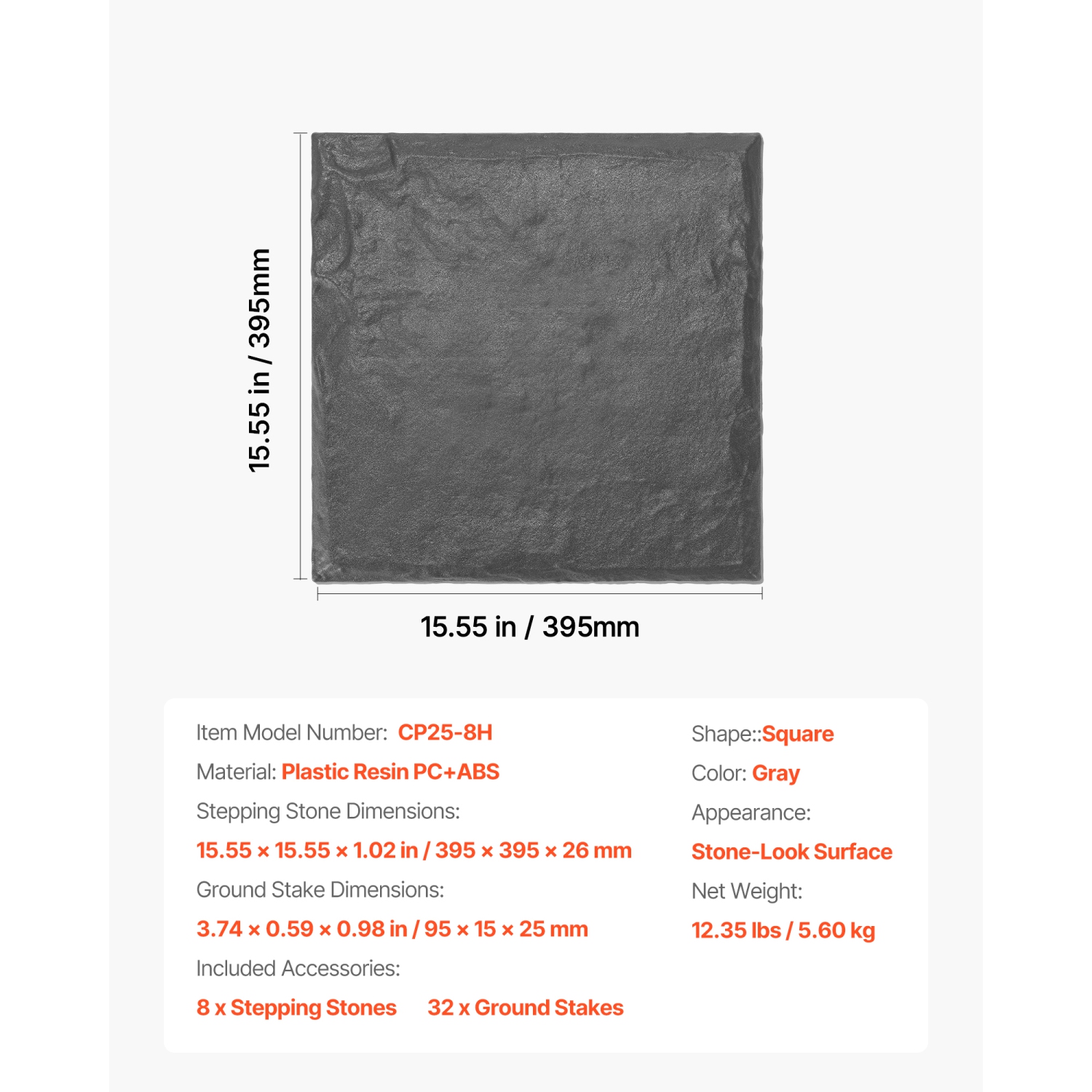 VEVOR 8Pcs 15.5 x 15.5 in Garden Stepping Stones, Decorative Stepping Stones with Stakes, Weather-Resistant Plastic Pathway Pavers, Smooth Surface,