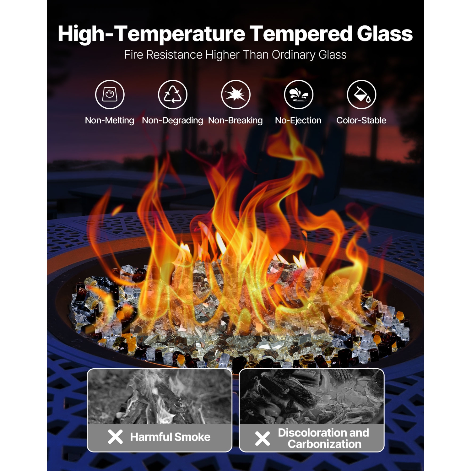 VEVOR 10 LBS / 4.5 KG Fire Glass,High-Temperature Resistant Fireplace Rocks, 1/2-Inch / 12.7 mm Reflective Firepit Glass Rock, High Luster Stone