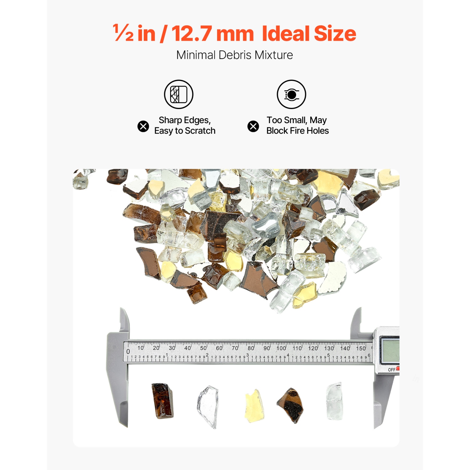 VEVOR 10 LBS / 4.5 KG Fire Glass,High-Temperature Resistant Fireplace Rocks, 1/2-Inch / 12.7 mm Reflective Firepit Glass Rock, High Luster Stone