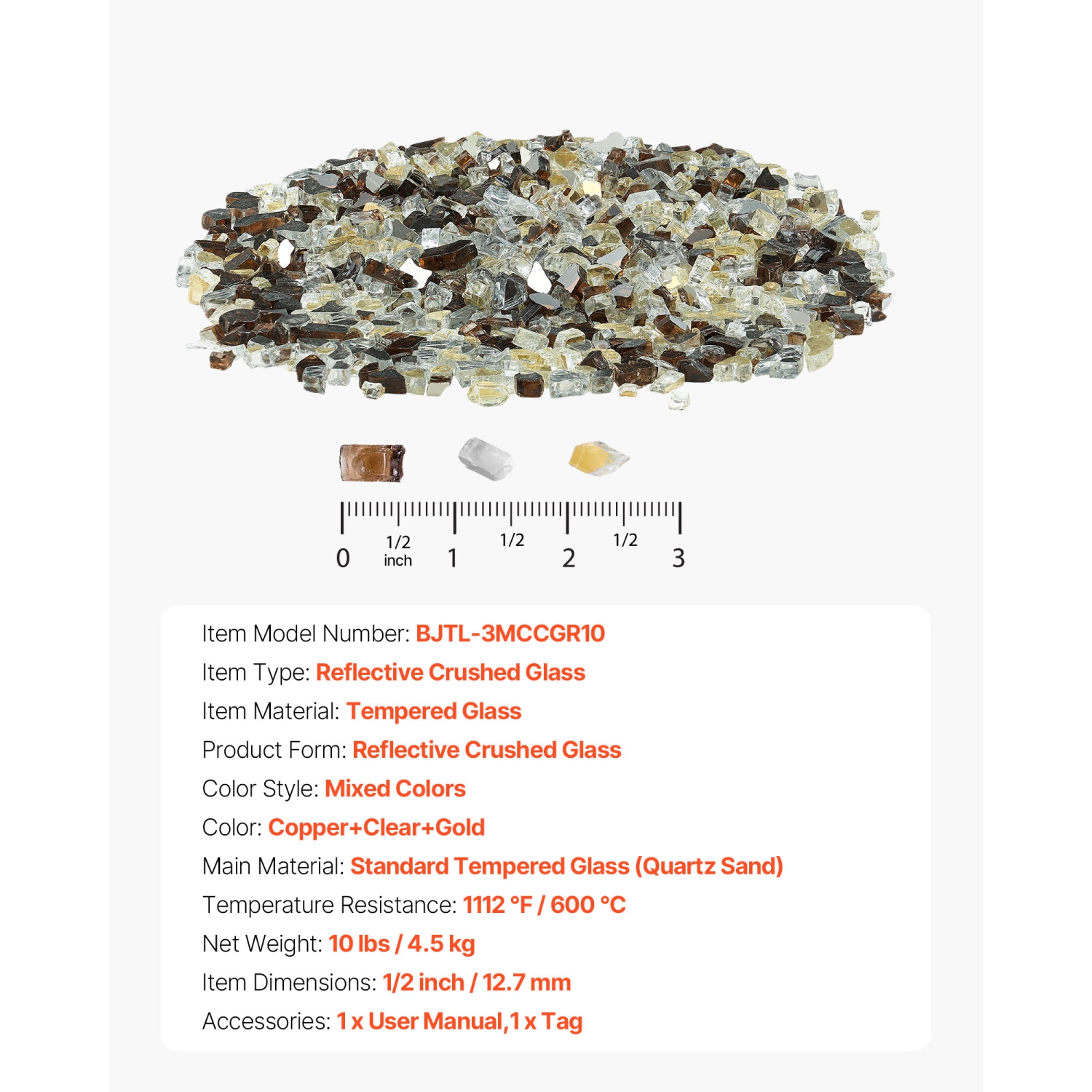 VEVOR 10 LBS / 4.5 KG Fire Glass,High-Temperature Resistant Fireplace Rocks, 1/2-Inch / 12.7 mm Reflective Firepit Glass Rock, High Luster Stone