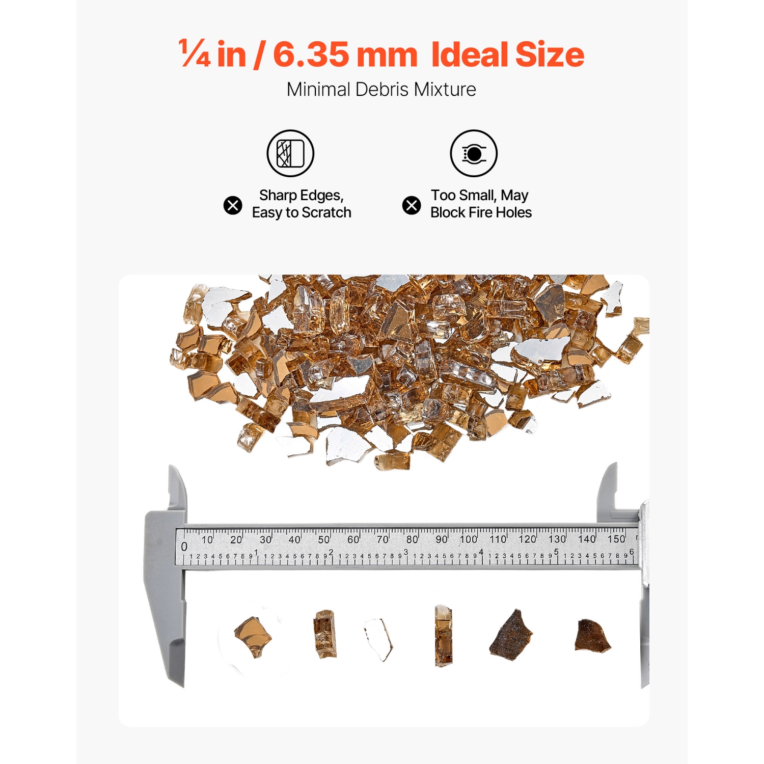 VEVOR 10 LBS / 4.5 KG Fire Glass, High-Temperature Resistant Fireplace Rocks, 1/4-Inch / 6.35 mm Reflective & Smokeless Firepit Glass Rock, High