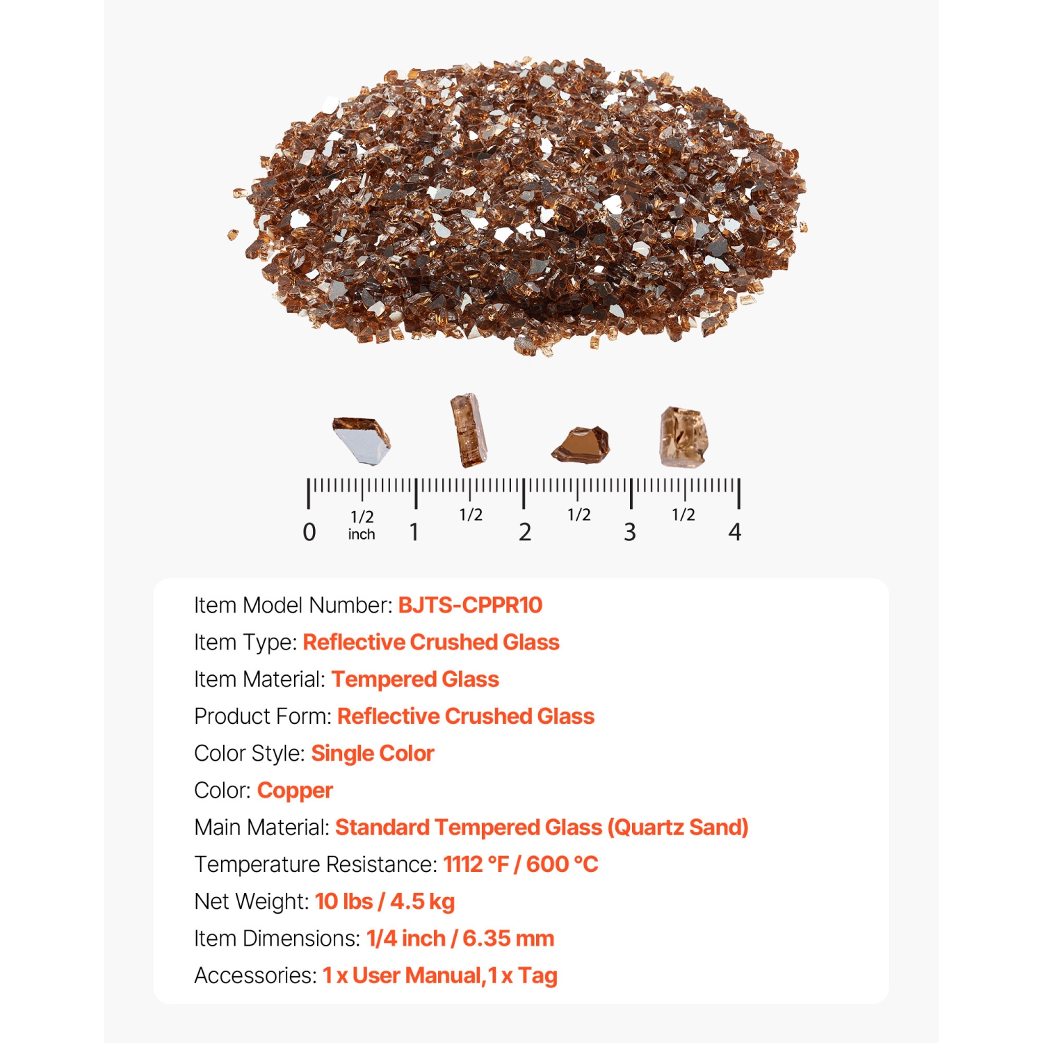 VEVOR 10 LBS / 4.5 KG Fire Glass, High-Temperature Resistant Fireplace Rocks, 1/4-Inch / 6.35 mm Reflective & Smokeless Firepit Glass Rock, High