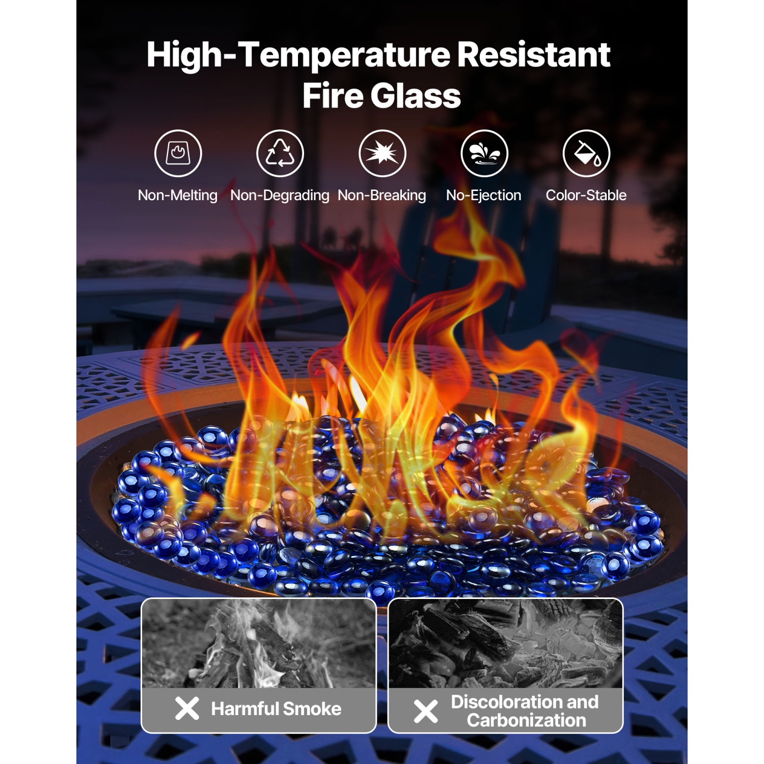 VEVOR 20LBS / 9KG Fire Glass, High-Temperature Resistant Fireplace Rocks, 3/4-Inch / 19.05 mm Reflective & Smokeless Firepit Glass Beads, High Luster