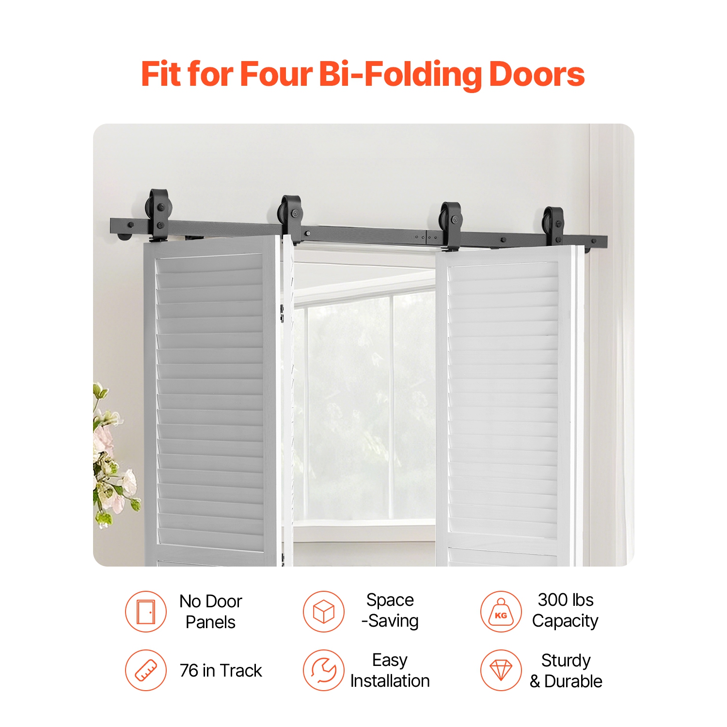 VEVOR 76" Bi-Folding Sliding Barn Door Hardware Track Kit,Top Mount Track Kit,Slide Smoothly & Quietly,Heavy Duty, Easy to Install,Suitable for Four
