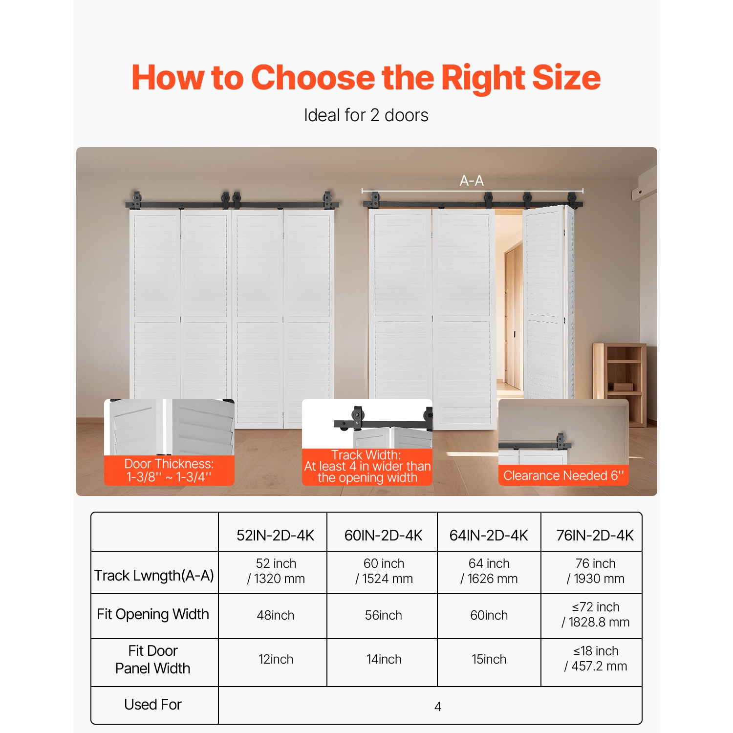 VEVOR 76" Bi-Folding Sliding Barn Door Hardware Track Kit,Top Mount Track Kit,Slide Smoothly & Quietly,Heavy Duty, Easy to Install,Suitable for Four