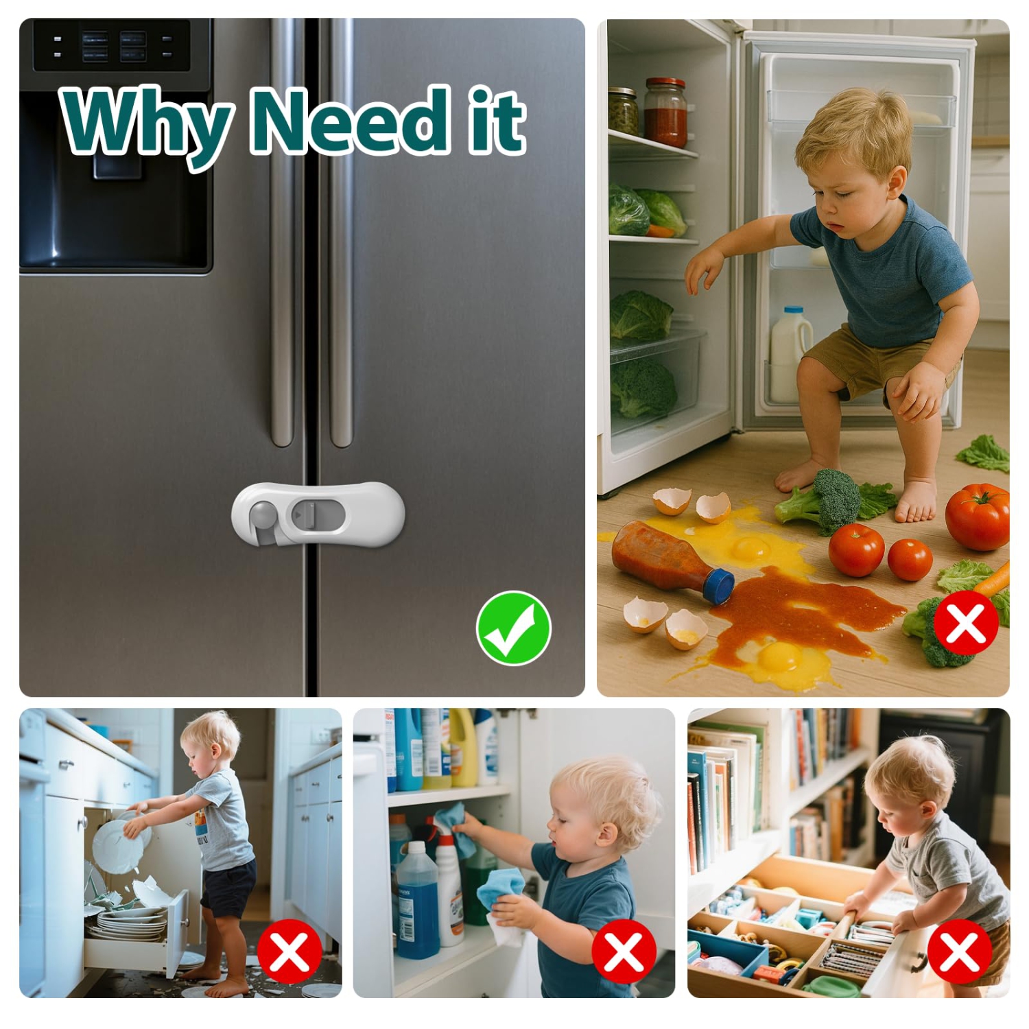 5-Pack Child Safety Fridge Locks for Kid & Pet, Baby Proof Refrigerator Lock with 3M Adhesive, Toddler Freezer Lock for Cabinet, Drawer, Oven