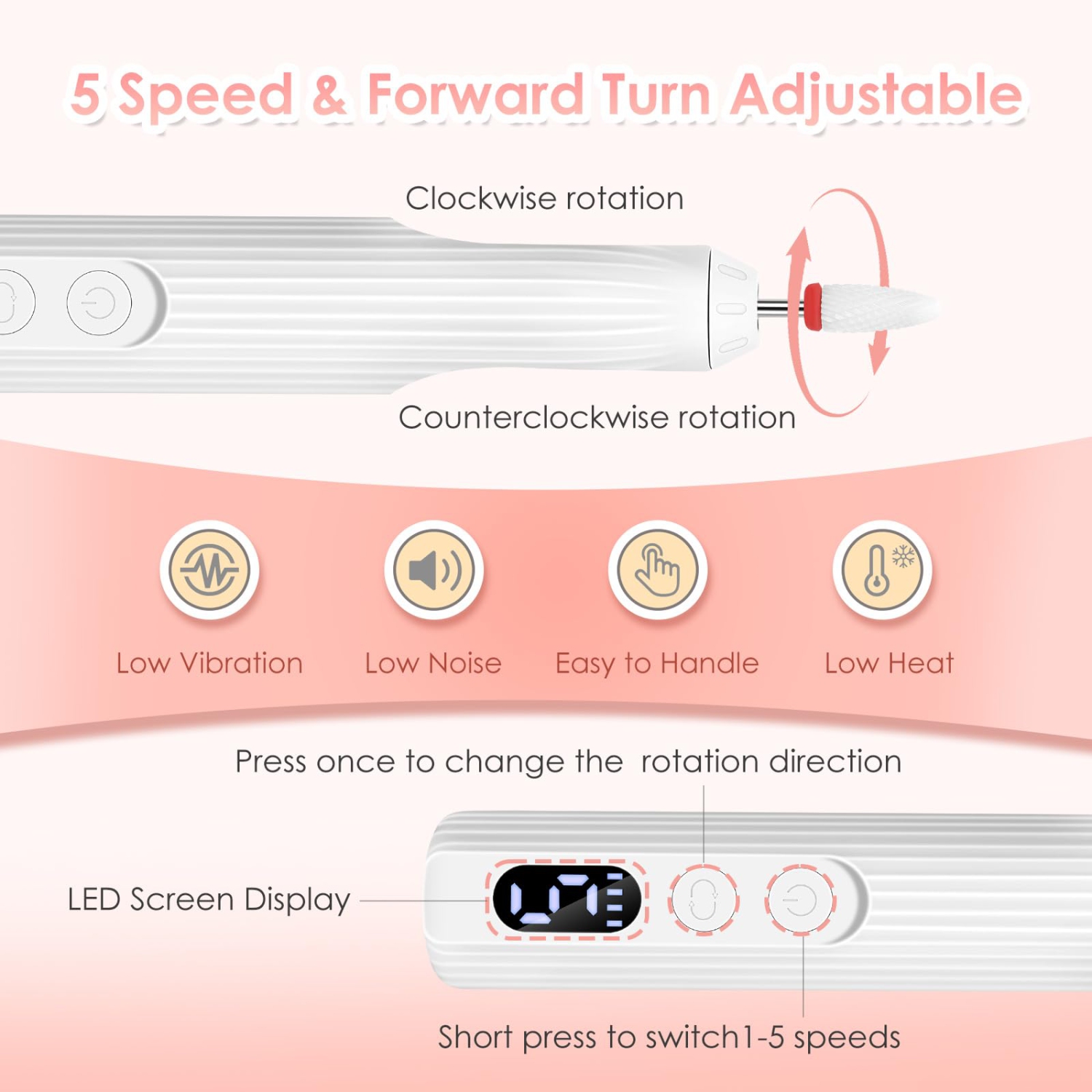 Lime à ongles électrique sans fil 3-en-1, perceuse à ongles électrique réglable à 5 vitesses 18000&nbsp;tr/min Lampe à ongles intégrée Perceuse à