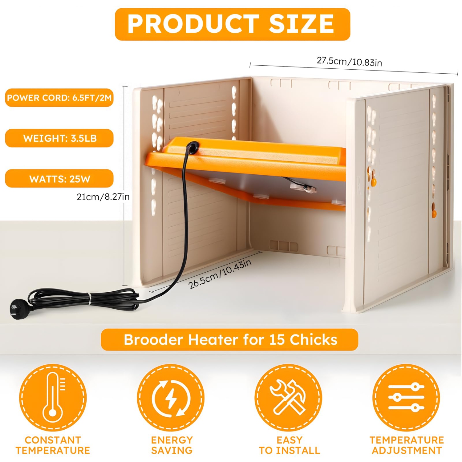 Brooder Heat for Chicks, 25W Three-Sided Windproof Chicks Heating Plate with Adjustable Height and Angle,26.5 * 27.5cm Brooder Warm