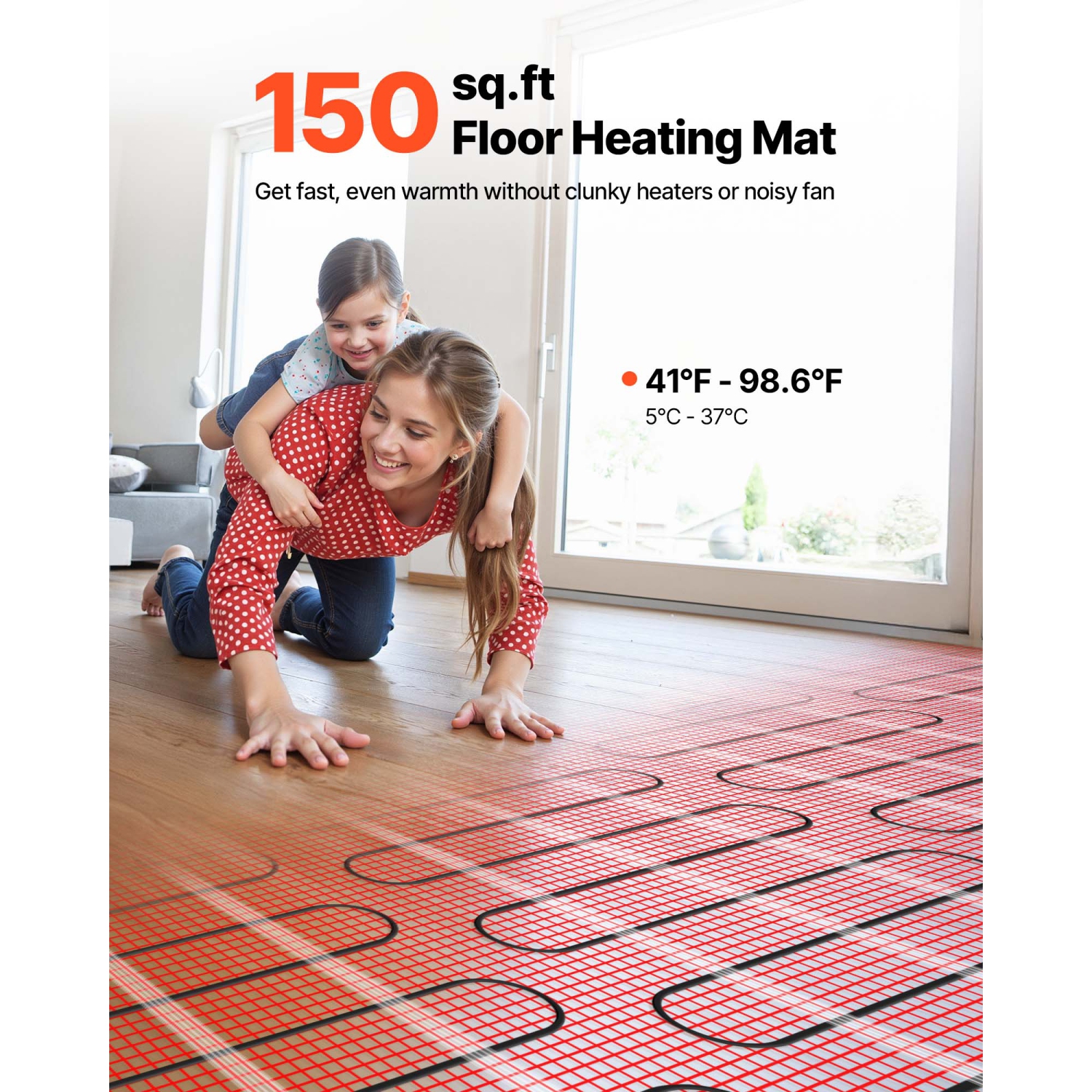 VEVOR 150 sqft Self-Adhesive Mesh Floor Heating Mat System, 120V Electric Radiant Heated Floor System, with Smart Control Thermostat & Alarm, Easy