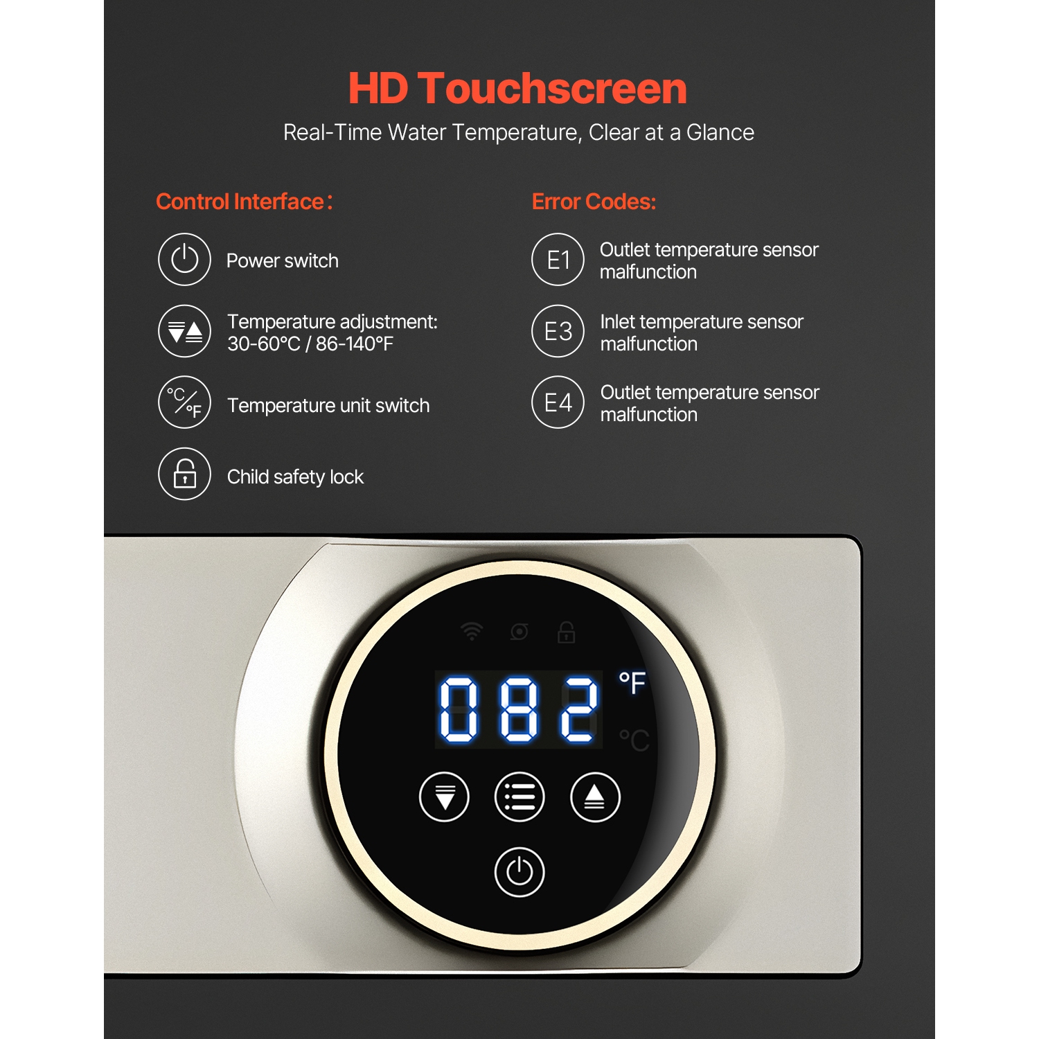 VEVOR 27kW Tankless Electric Water Heater, Instant Hot Water Heater Under Sink, On Demand for Kitchen, Office with LCD Touch Screen, Child Security