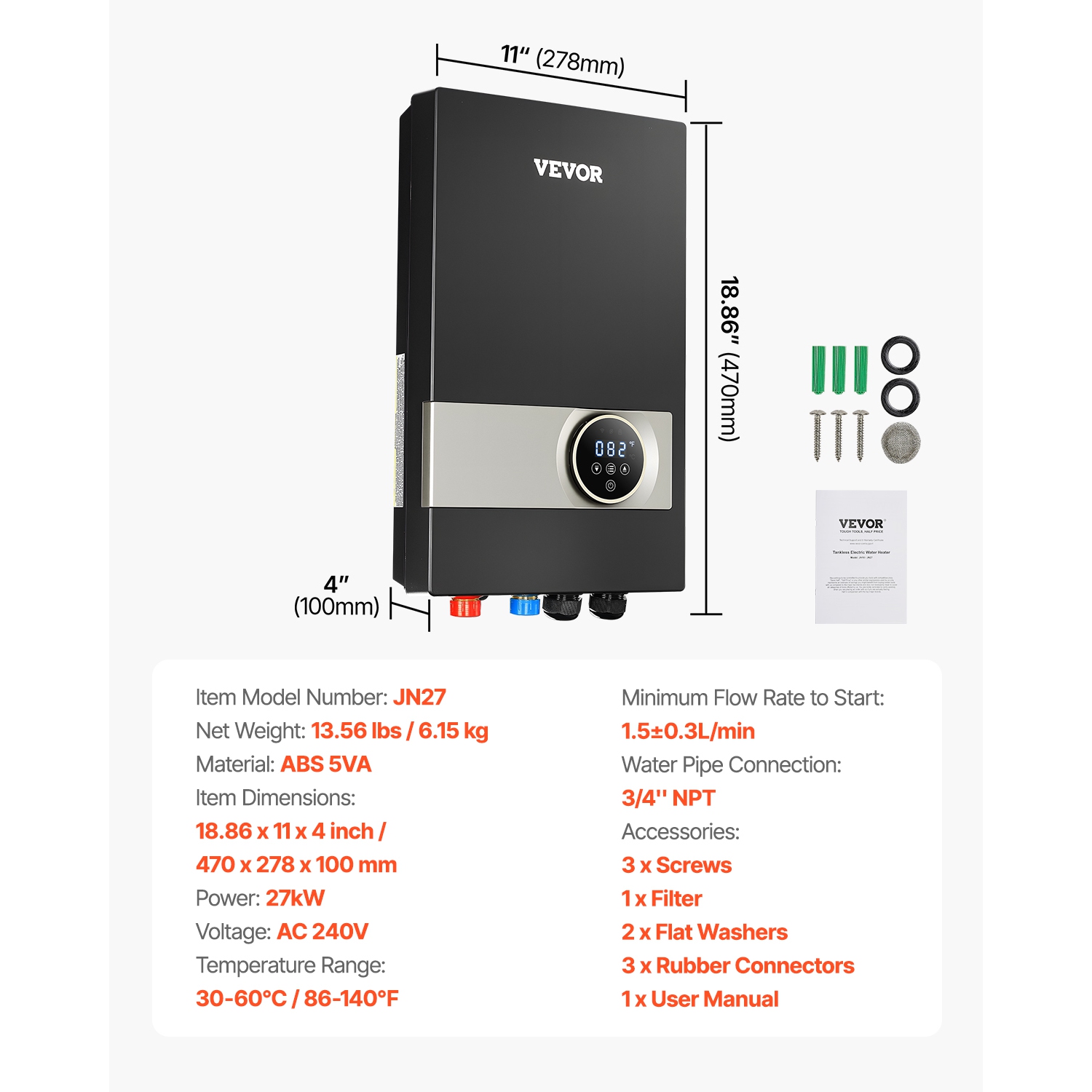 VEVOR 27kW Tankless Electric Water Heater, Instant Hot Water Heater Under Sink, On Demand for Kitchen, Office with LCD Touch Screen, Child Security