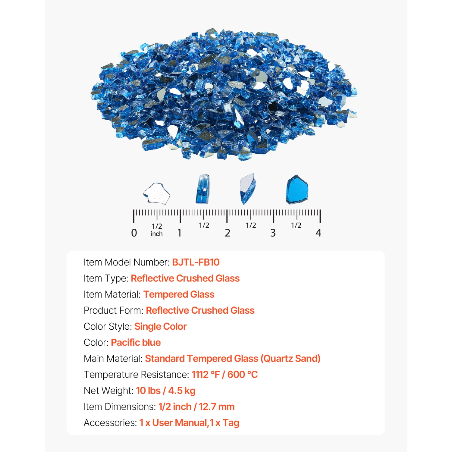 VEVOR 10LBS/4.5KG Fire Glass, High-Temperature Resistant Fireplace Rocks, 1/2In/12.7mm Reflective+Smokeless Firepit Glass Rock, Stone Landscaping for