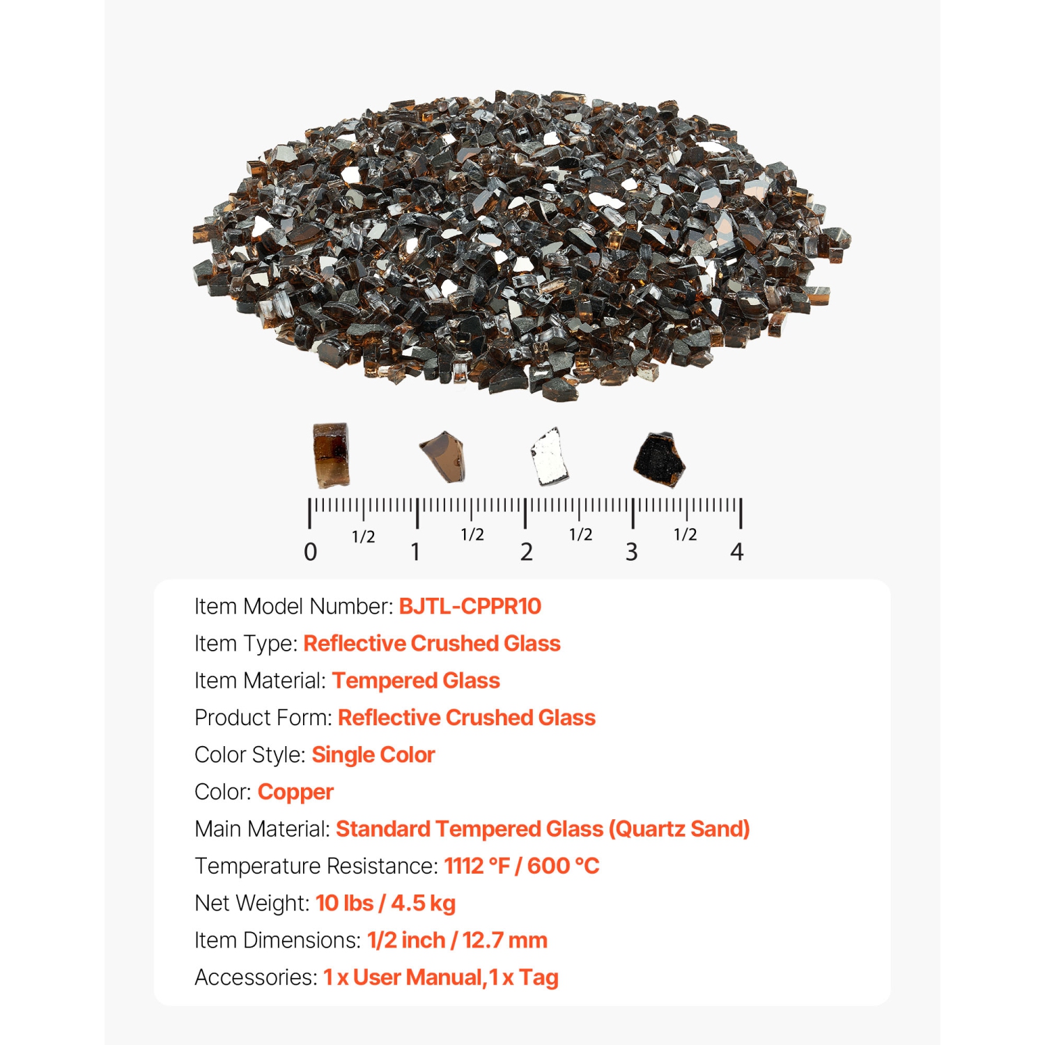 VEVOR 10LBS/4.5KG Fire Glass, High-Temperature Resistant Fireplace Rocks, 1/2-Inch/12.7mm Reflective & Smokeless Firepit Glass Rock, Stone