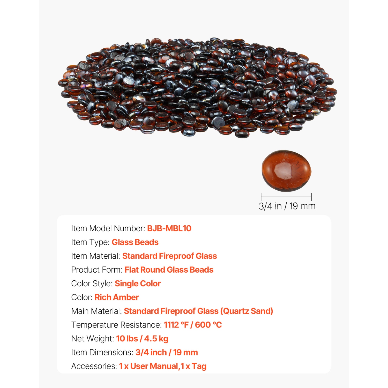 VEVOR 10LBS/4.5KG Fire Glass, High-Temperature Resistant Fireplace Rocks, 3/4In/19.05mm Reflective+Smokeless Firepit Glass Beads, Stone Landscaping