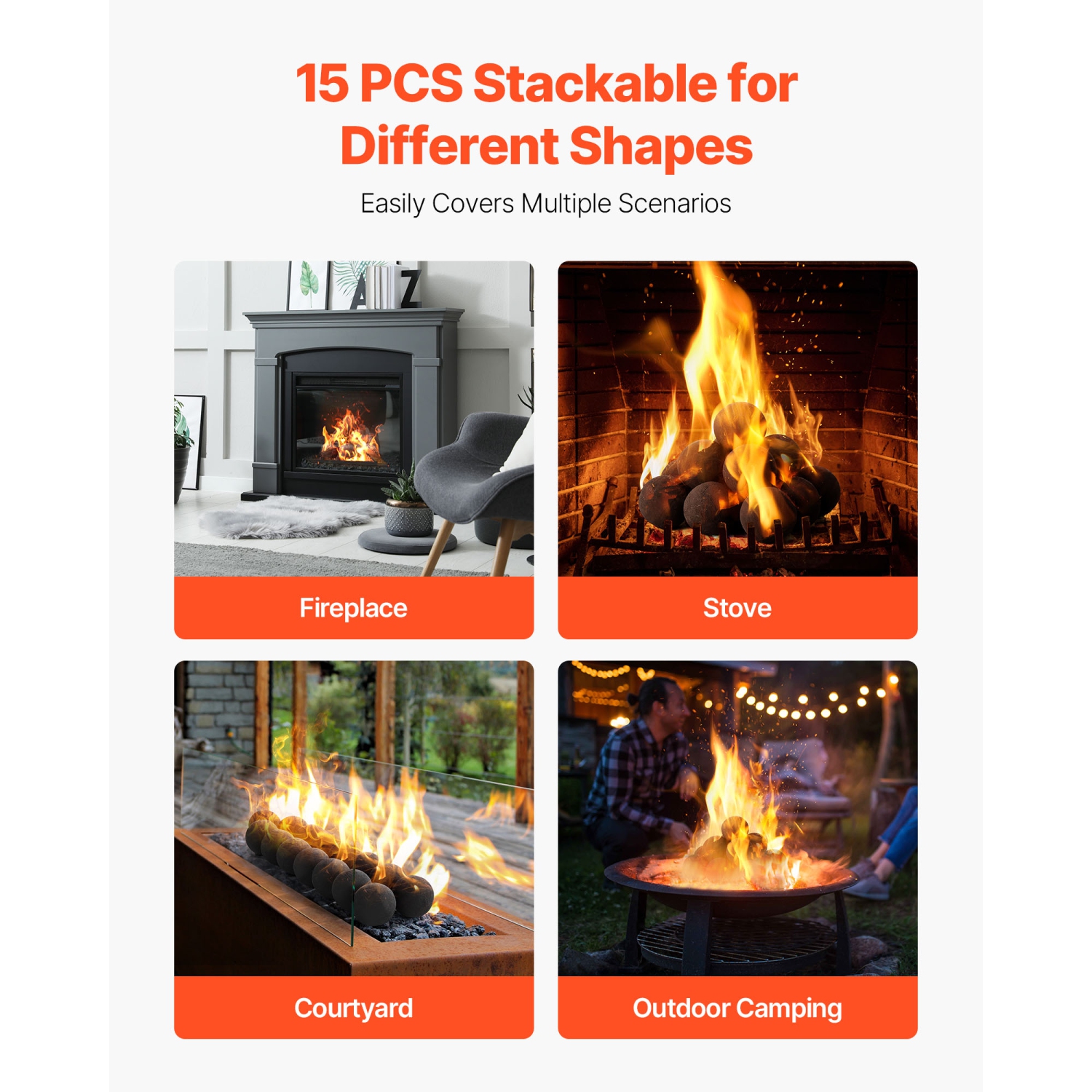 VEVOR 3 Inch Ceramic Fire Balls, 15 Pcs Round Fire Stones, Reusable Lava Rocks Indoor/Outdoor Use, Decorative Fire Pit Rocks for Propane/Gas