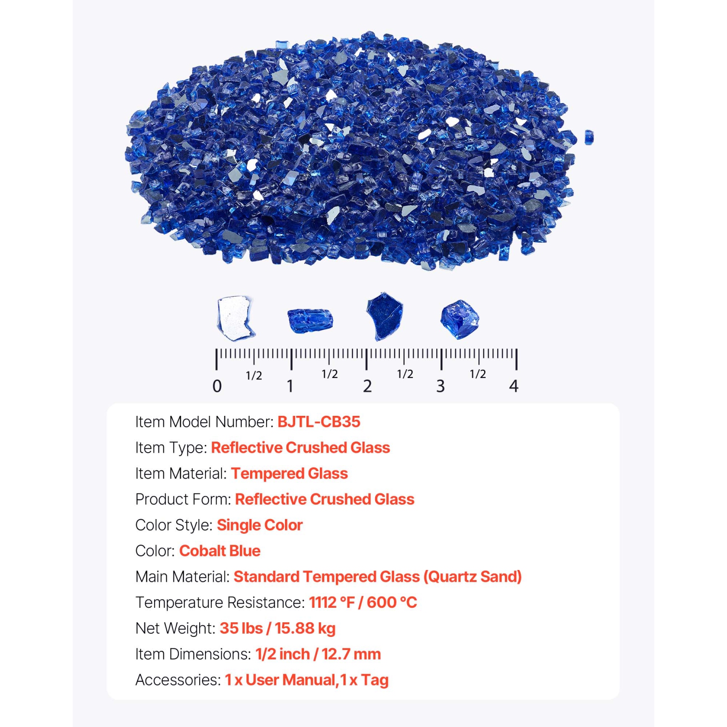 VEVOR 20LBS/9KG Fire Glass, High-Temperature Resistant Fireplace Rocks, 1/2In/12.7mm Reflective & Smokeless Firepit Glass Rock, Stone Landscaping for