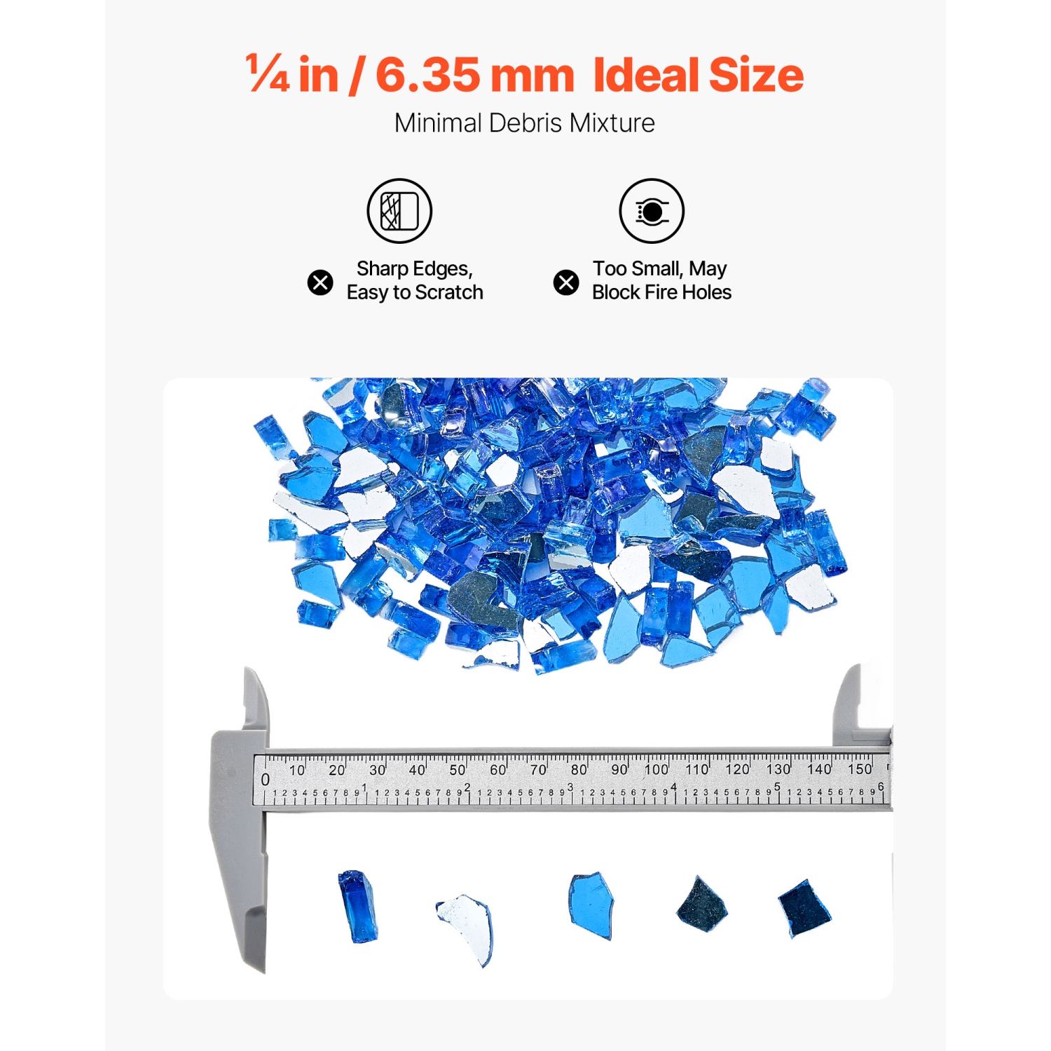 VEVOR 10LBS/4.5KG Fire Glass, High-Temperature Resistant Fireplace Rocks, 1/4 In/6.35mm Reflective+Smokeless Firepit Glass Rock, Stone Landscaping